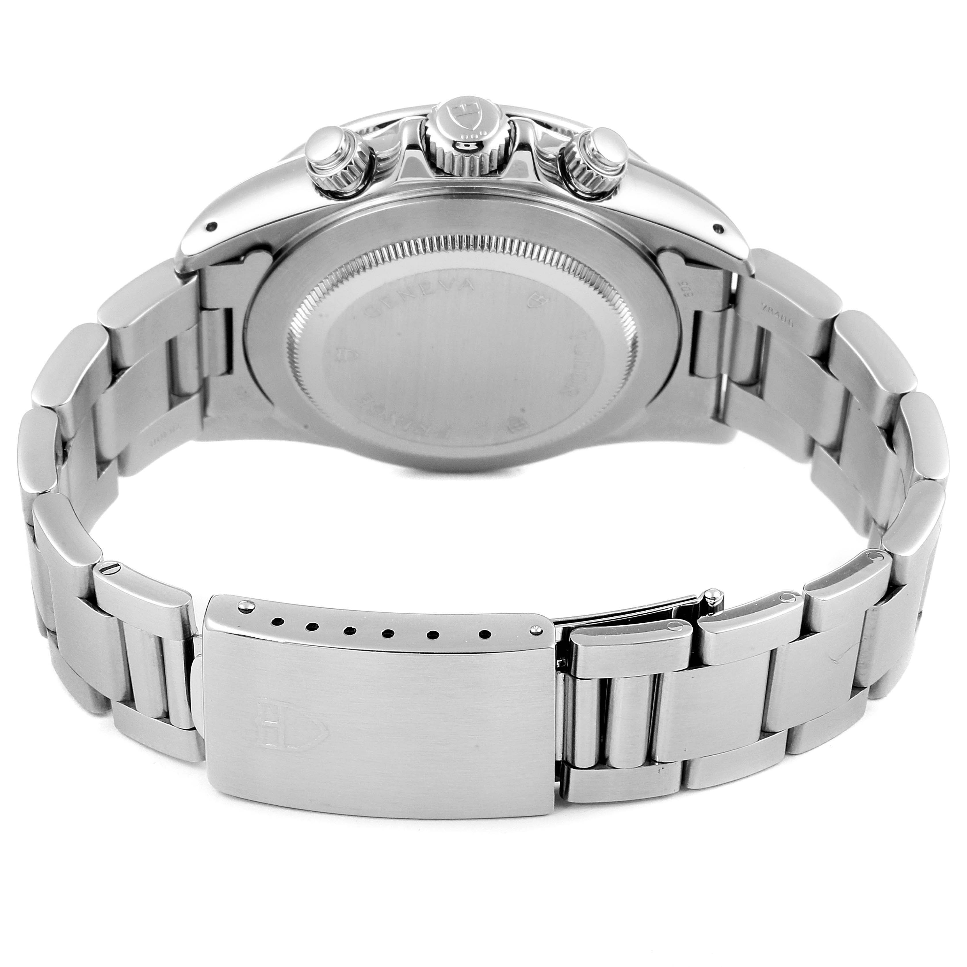 This image shows the back case, bracelet, and clasp of a Tudor Tiger 79260 Men's Stainless Steel Yellow Dial 79260 Men's Stainless Steel Yellow Dial model watch from a rear angle.