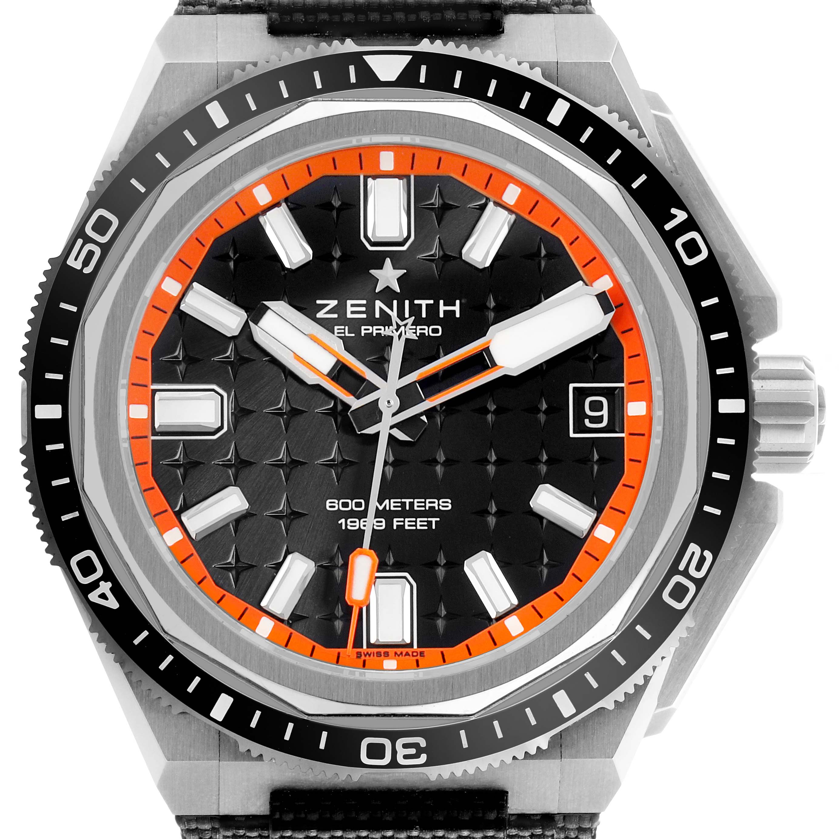 The Zenith Defy 95.9600.3620/21.I300 Men's Titanium Black Dial watch is shown from the front, displaying the dial, bezel, crown, and markers clearly.