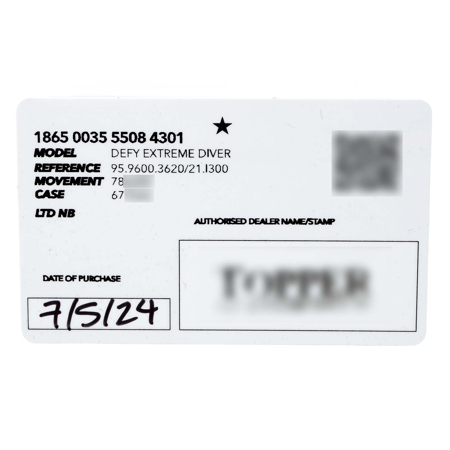 The image shows a warranty card for the Zenith Defy 95.9600.3620/21.I300 Men's Titanium Black Dial Extreme Diver watch with model, reference, movement, and purchase date details.