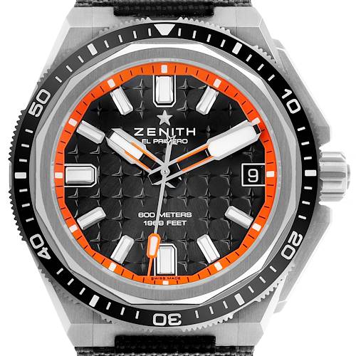 The image shows a Zenith Defy 95.9600.3620/21.I300 Men's Titanium Black Dial watch face, featuring an angular view highlighting the bezel, dial, hands, and crown.