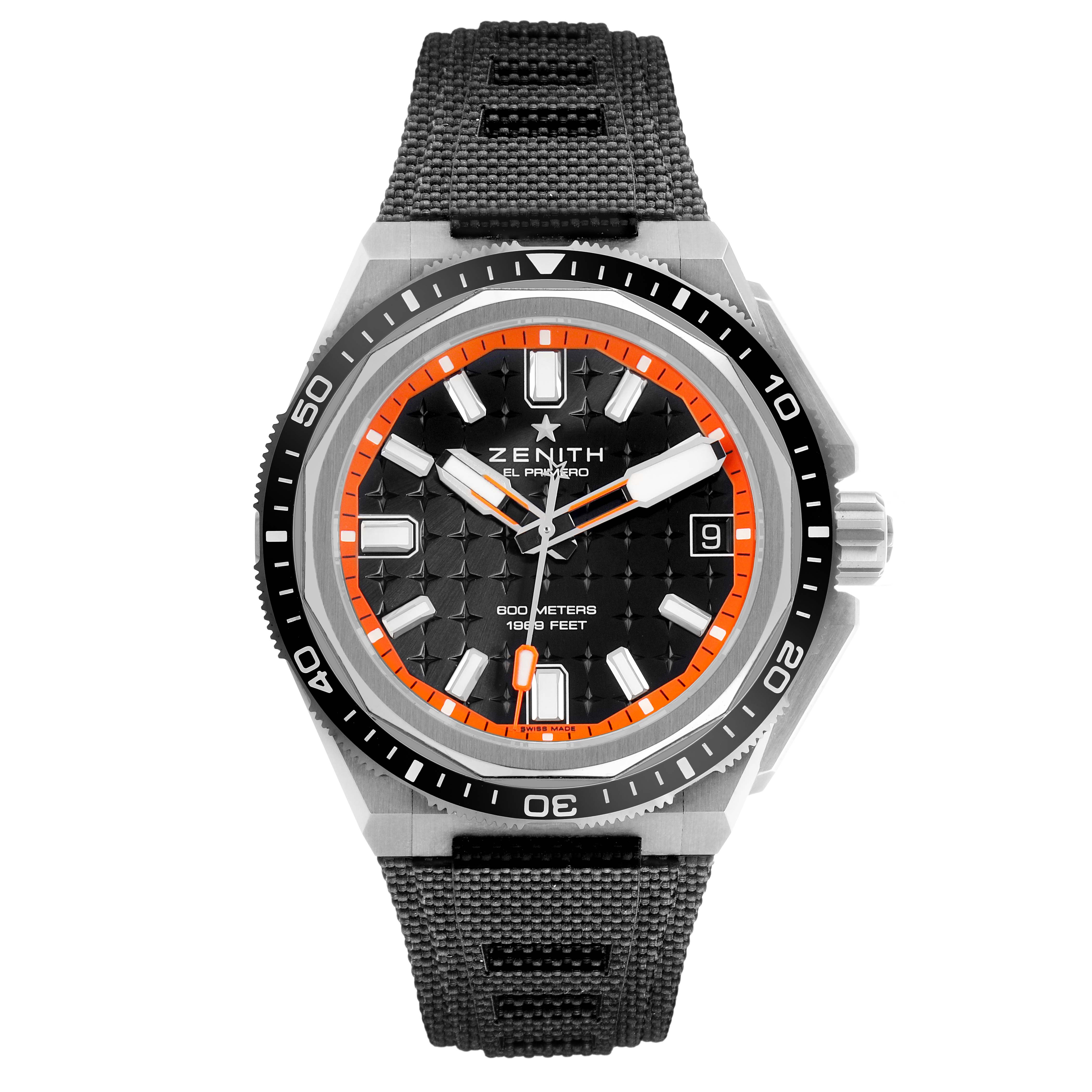 The Zenith Defy 95.9600.3620/21.I300 Men's Titanium Black Dial watch is shown from the front, displaying the dial, bezel, case, and strap.
