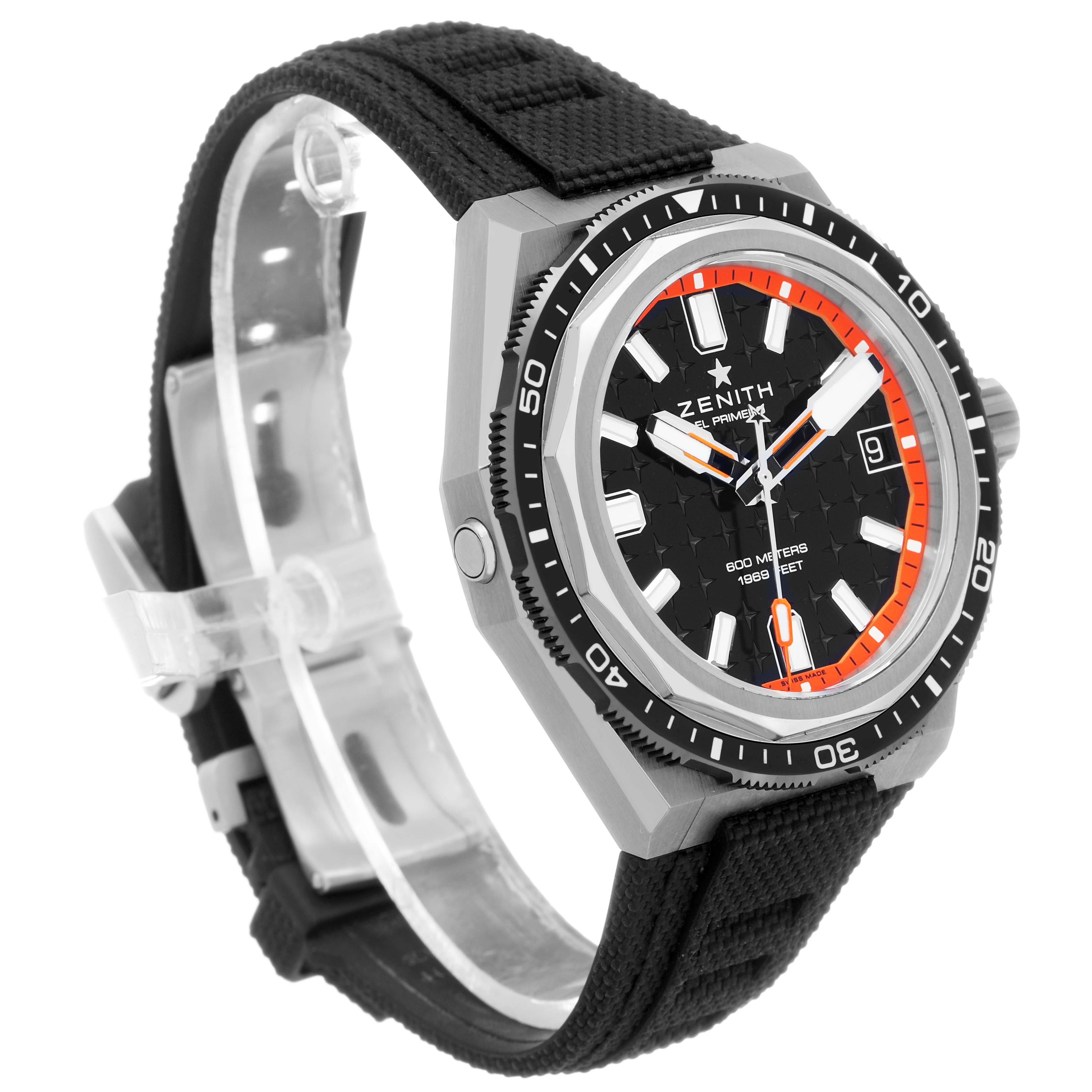 The image shows a Zenith Defy 95.9600.3620/21.I300 Men's Titanium Black Dial watch from a three-quarter angle, highlighting the dial, bezel, crown, and strap.