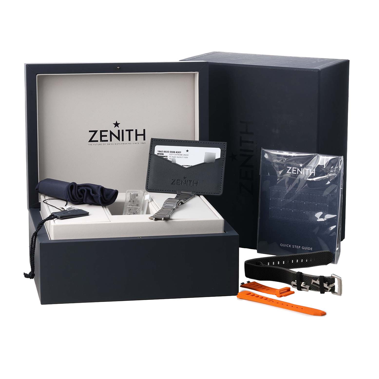 The image shows the Zenith Defy 95.9600.3620/21.I300 Men's Titanium Black Dial watch box, metal bracelet, extra straps, cardholder, and a quick step guide.