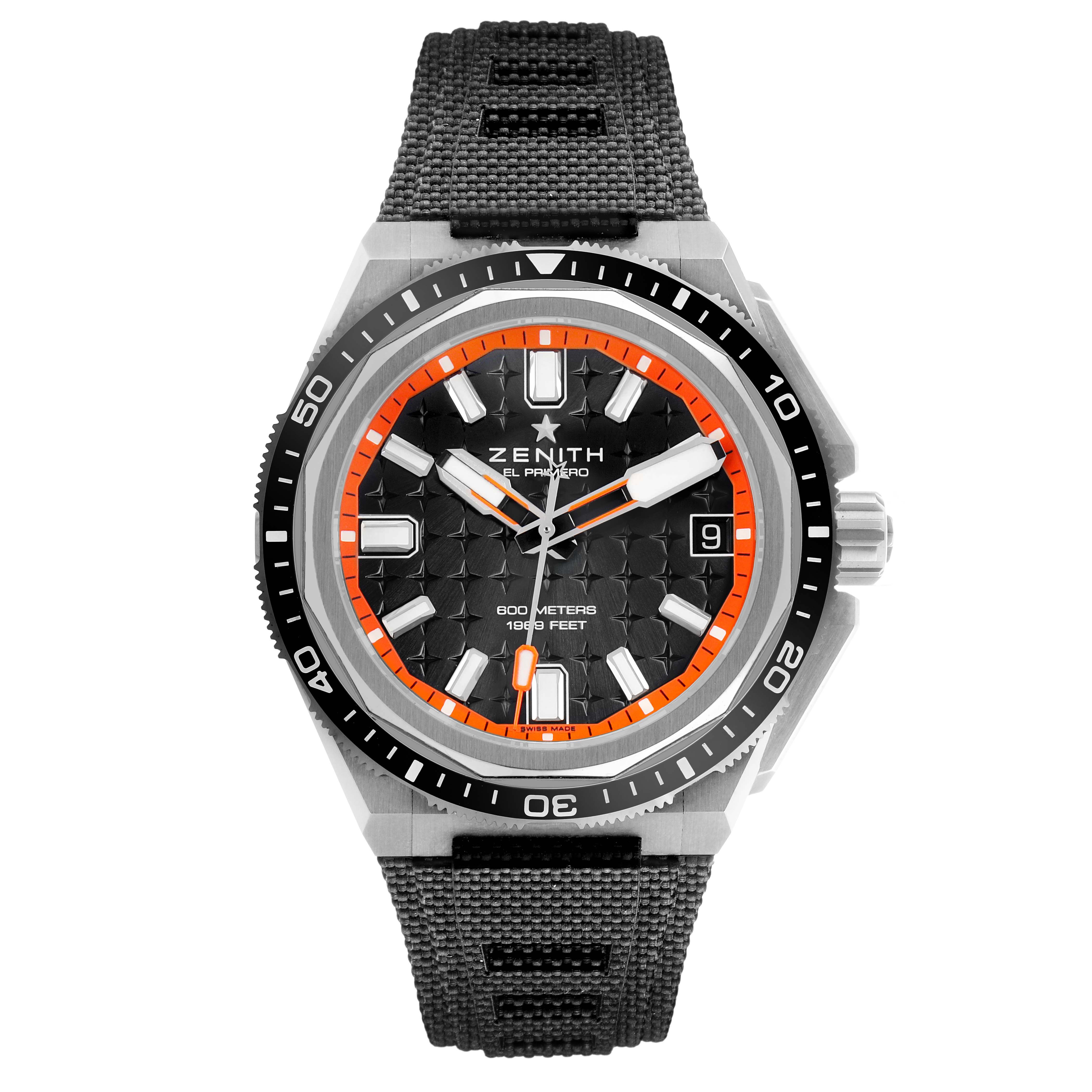 The Zenith Defy 95.9600.3620/21.I300 Men's Titanium Black Dial watch is shown from the front, displaying the dial, bezel, and strap.