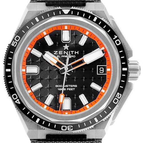 The Zenith Defy 95.9600.3620/21.I300 Men's Titanium Black Dial watch is shown from the front, displaying its face, bezel, crown, and strap attachment.