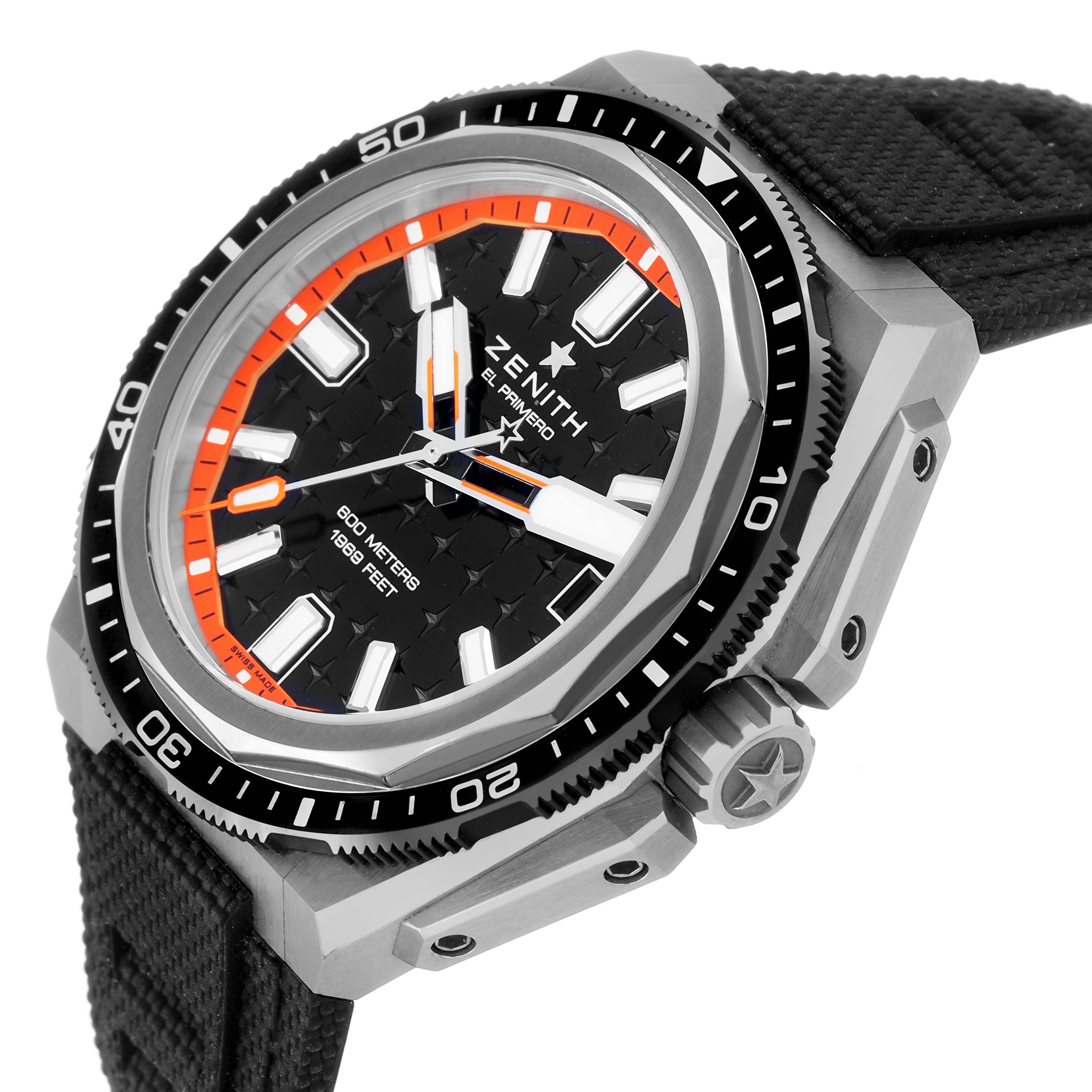 The Zenith Defy 95.9600.3620/21.I300 Men's Titanium Black Dial watch is shown from a three-quarter angle featuring the face, bezel, crown, and part of the strap.