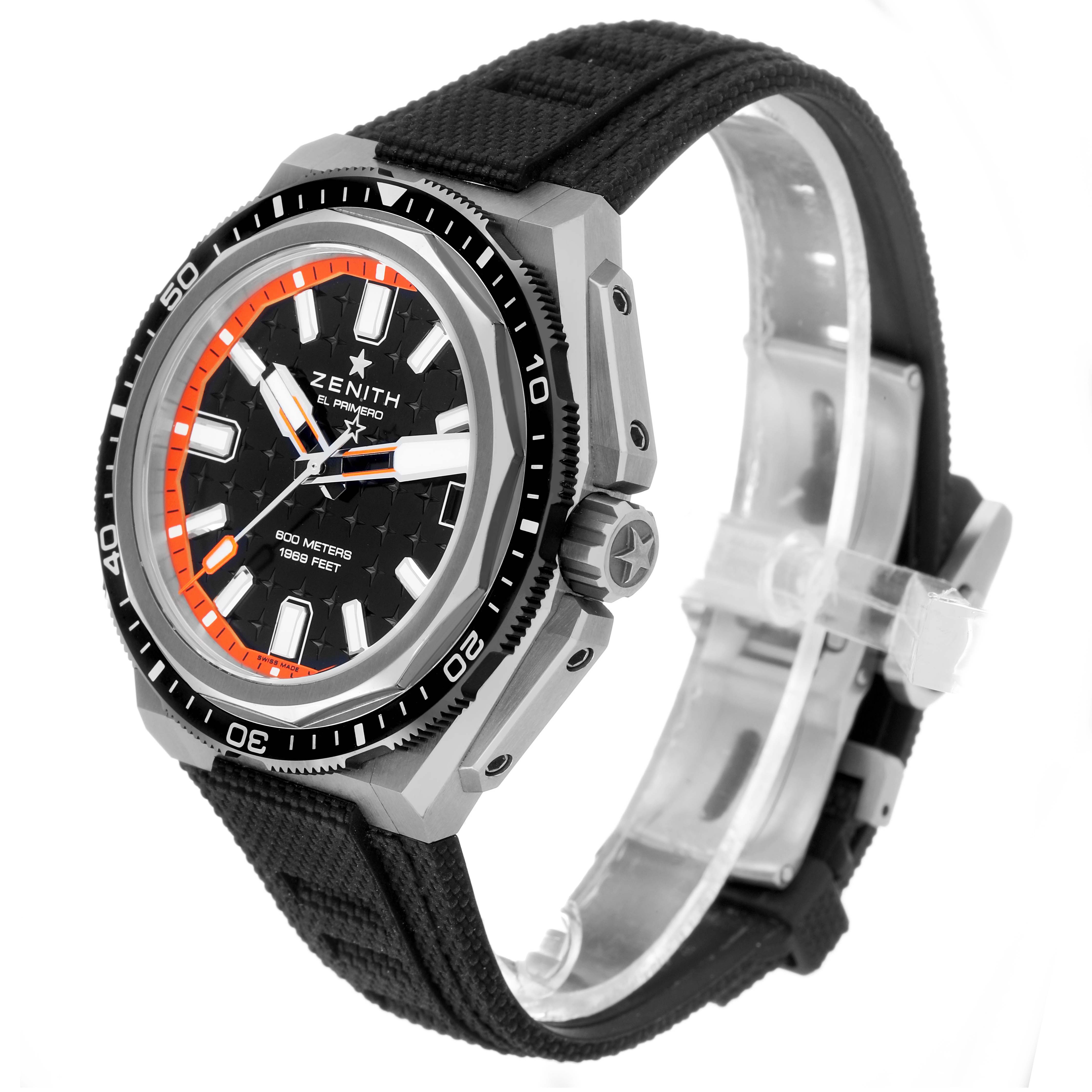 The Zenith Defy 95.9600.3620/21.I300 Men's Titanium Black Dial watch is shown at a three-quarter angle, highlighting the face, bezel, crown, and strap.