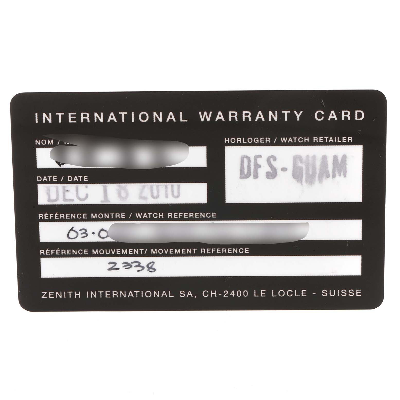 This image shows the international warranty card for the Zenith Chronomaster 03.0240.4039/01.C610 Men's Stainless Steel Silver Dial 03.0240.4039/01.C610 Men's Stainless Steel Silver Dial watch model.