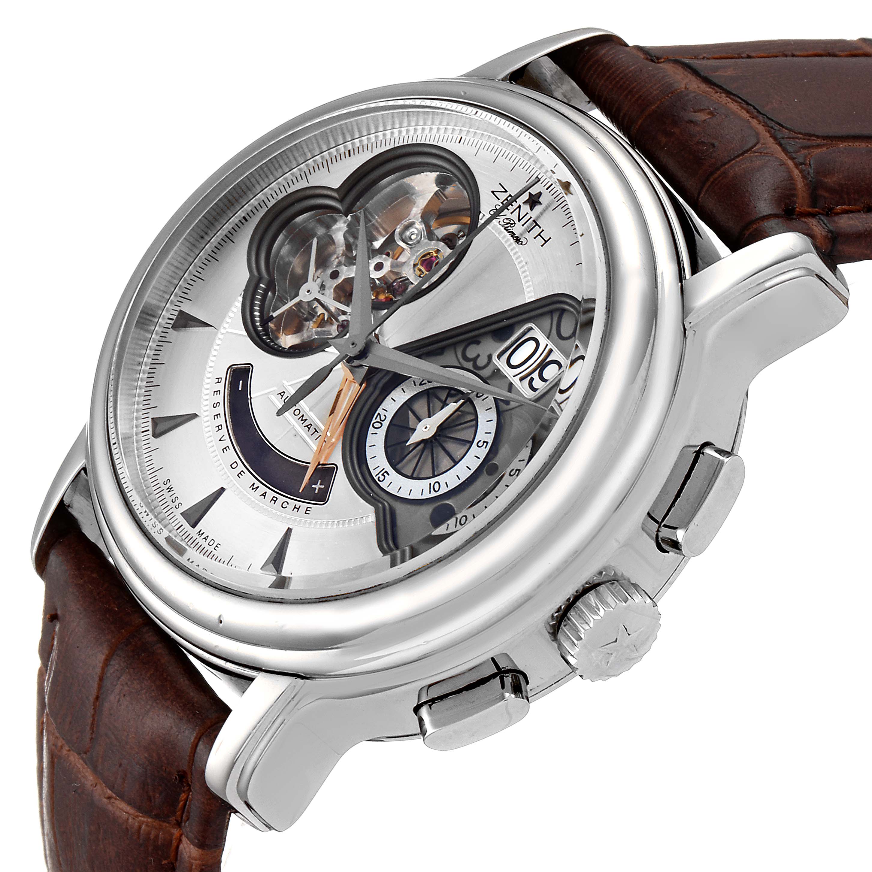 This Zenith Chronomaster 03.0240.4039/01.C610 Men's Stainless Steel Silver Dial 03.0240.4039/01.C610 Men's Stainless Steel Silver Dial watch is shown at an angle emphasizing the dial, crown, pushers, and part of the brown leather strap.