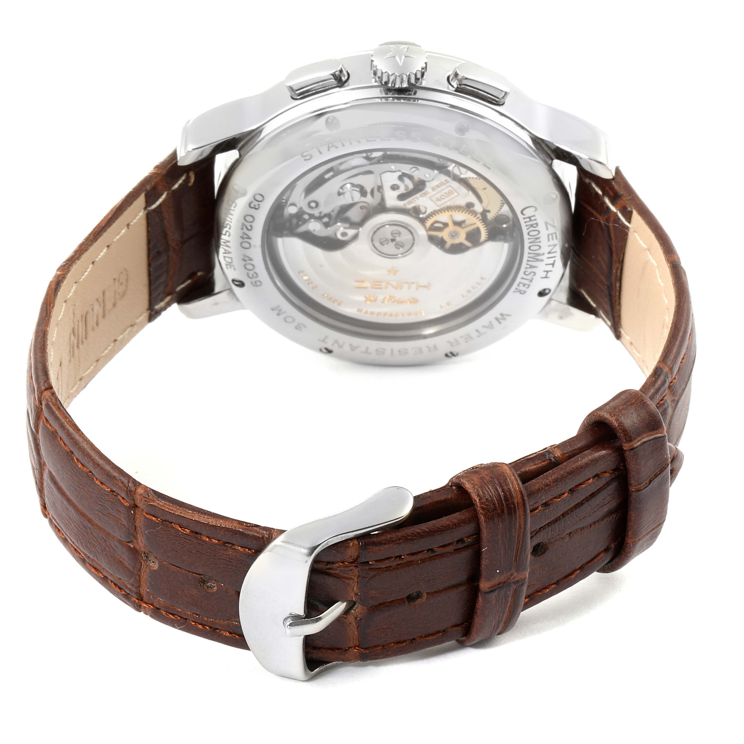 The image shows the back view of a Zenith Chronomaster 03.0240.4039/01.C610 Men's Stainless Steel Silver Dial 03.0240.4039/01.C610 Men's Stainless Steel Silver Dial watch with an exposed movement and leather strap.