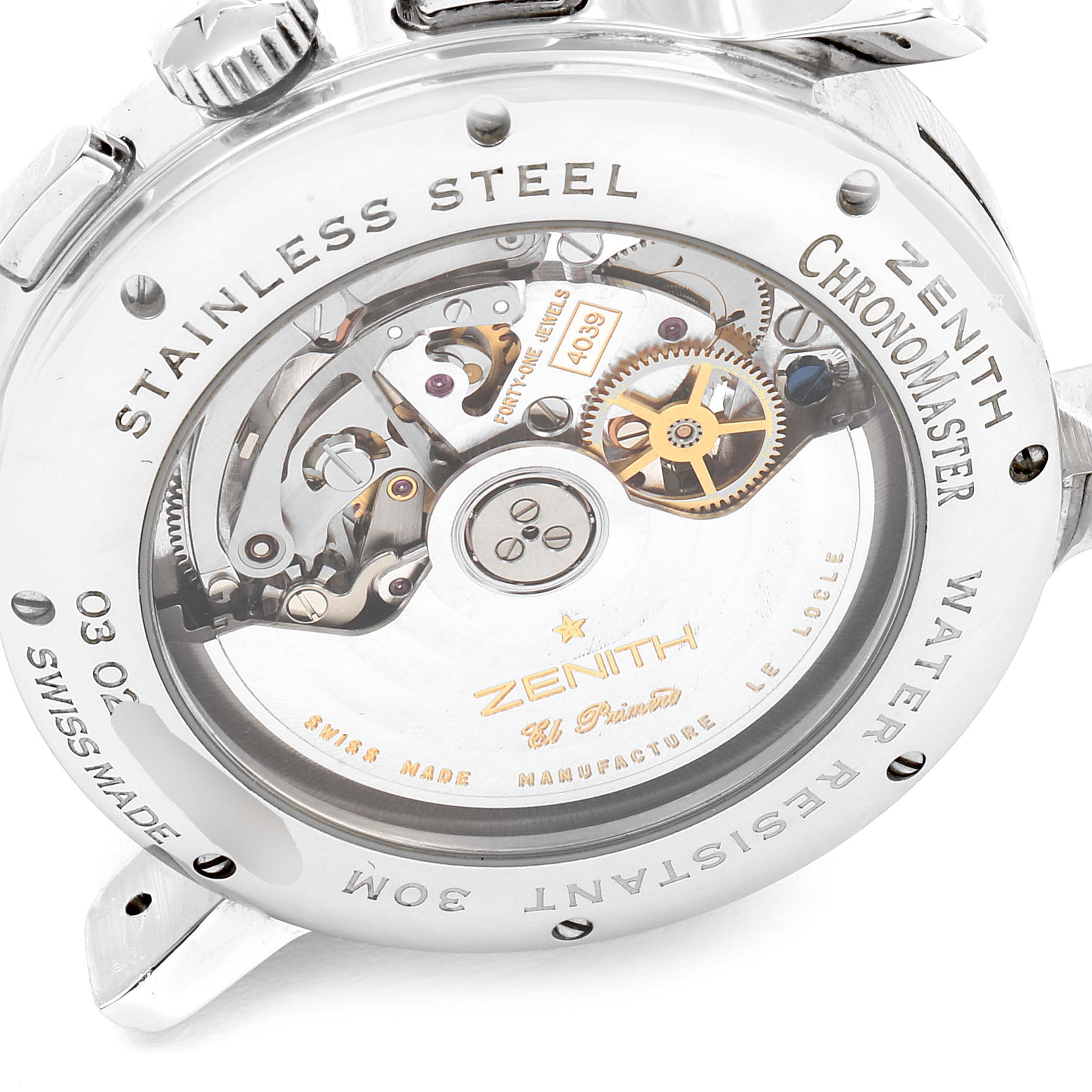 The image shows the back of a Zenith Chronomaster 03.0240.4039/01.C610 Men's Stainless Steel Silver Dial 03.0240.4039/01.C610 Men's Stainless Steel Silver Dial watch, displaying its internal mechanical movement.