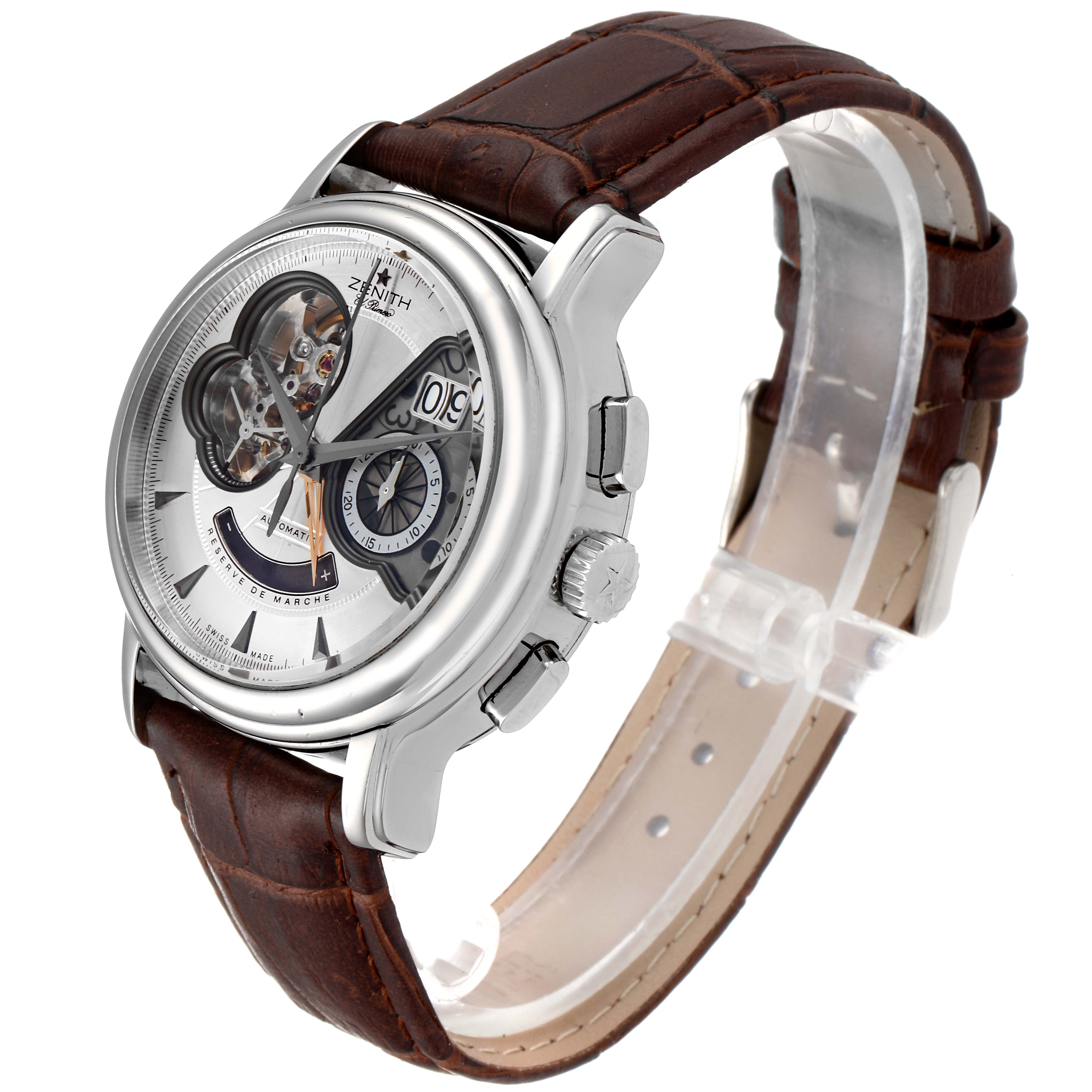 The image displays a Zenith Chronomaster 03.0240.4039/01.C610 Men's Stainless Steel Silver Dial 03.0240.4039/01.C610 Men's Stainless Steel Silver Dial watch from a slightly angled side view, showcasing the dial, case, and leather strap.