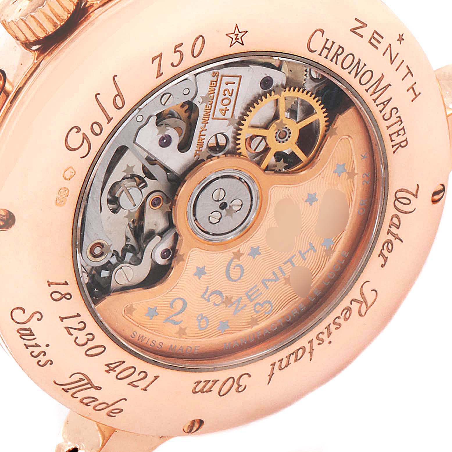 The image shows the back view of the Zenith 18.1230.4021/01.C588 Women's Rose Gold Silver Dial 18.1230.4021/01.C588 Women's Rose Gold Silver Dial Chronomaster El Primero watch, highlighting its intricate movement and gold casing.
