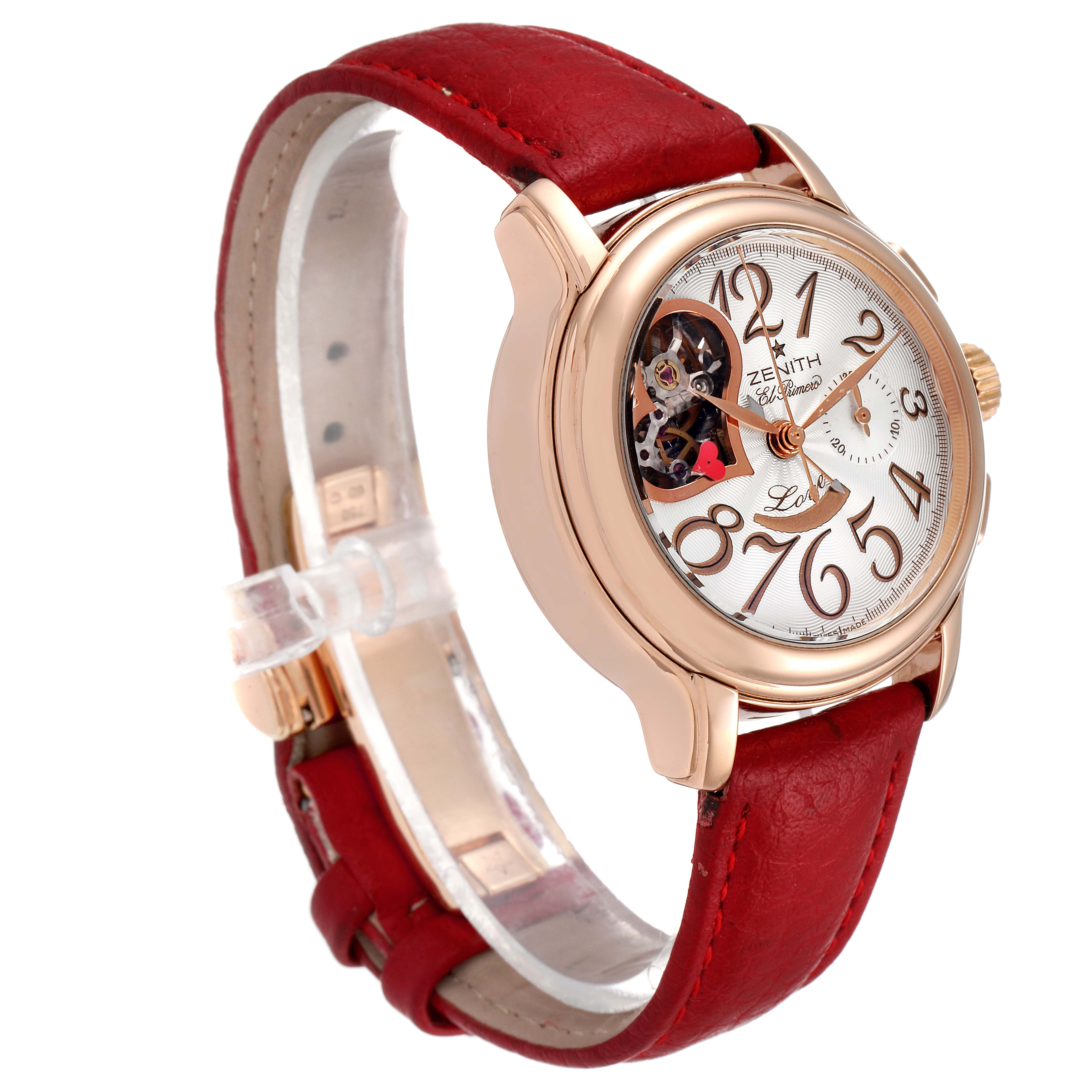 The Zenith 18.1230.4021/01.C588 Women's Rose Gold Silver Dial 18.1230.4021/01.C588 Women's Rose Gold Silver Dial El Primero watch is shown angled from the left side, displaying its face, crown, and red strap.