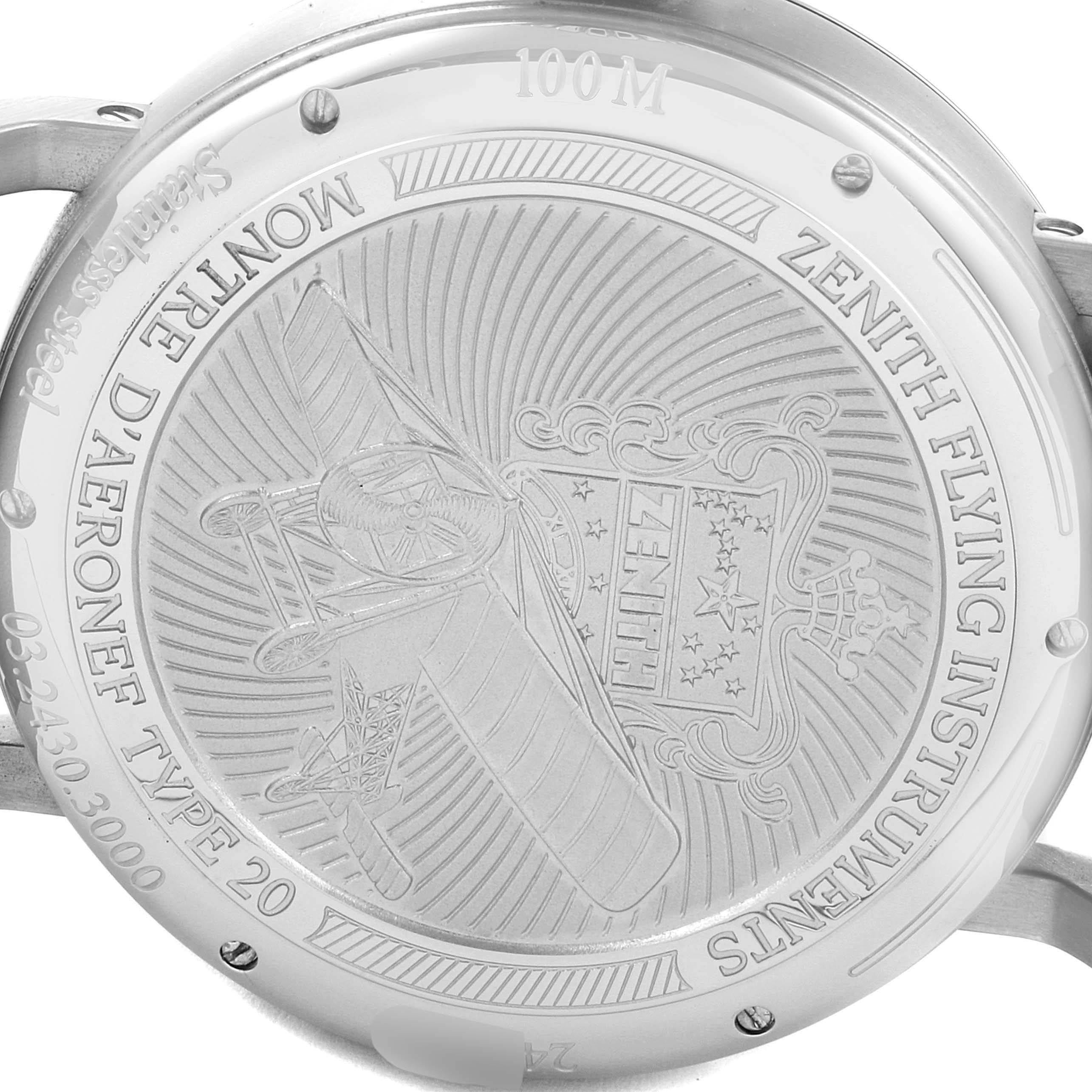 This image shows the back case of the Zenith Pilot 03.2430.3000/21C738 Men's Stainless Steel Black Dial 03.2430.3000/21C738 Men's Stainless Steel Black Dial watch, featuring engravings and detailing.