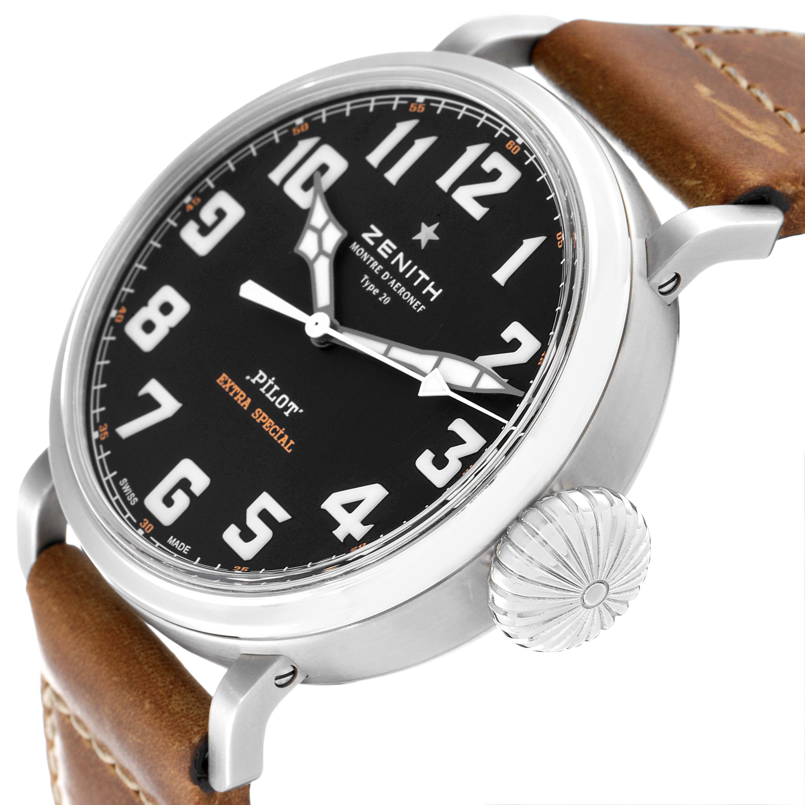 The Zenith Pilot 03.2430.3000/21C738 Men's Stainless Steel Black Dial 03.2430.3000/21C738 Men's Stainless Steel Black Dial watch is shown at a slight angle, highlighting the face, crown, and part of the leather strap.