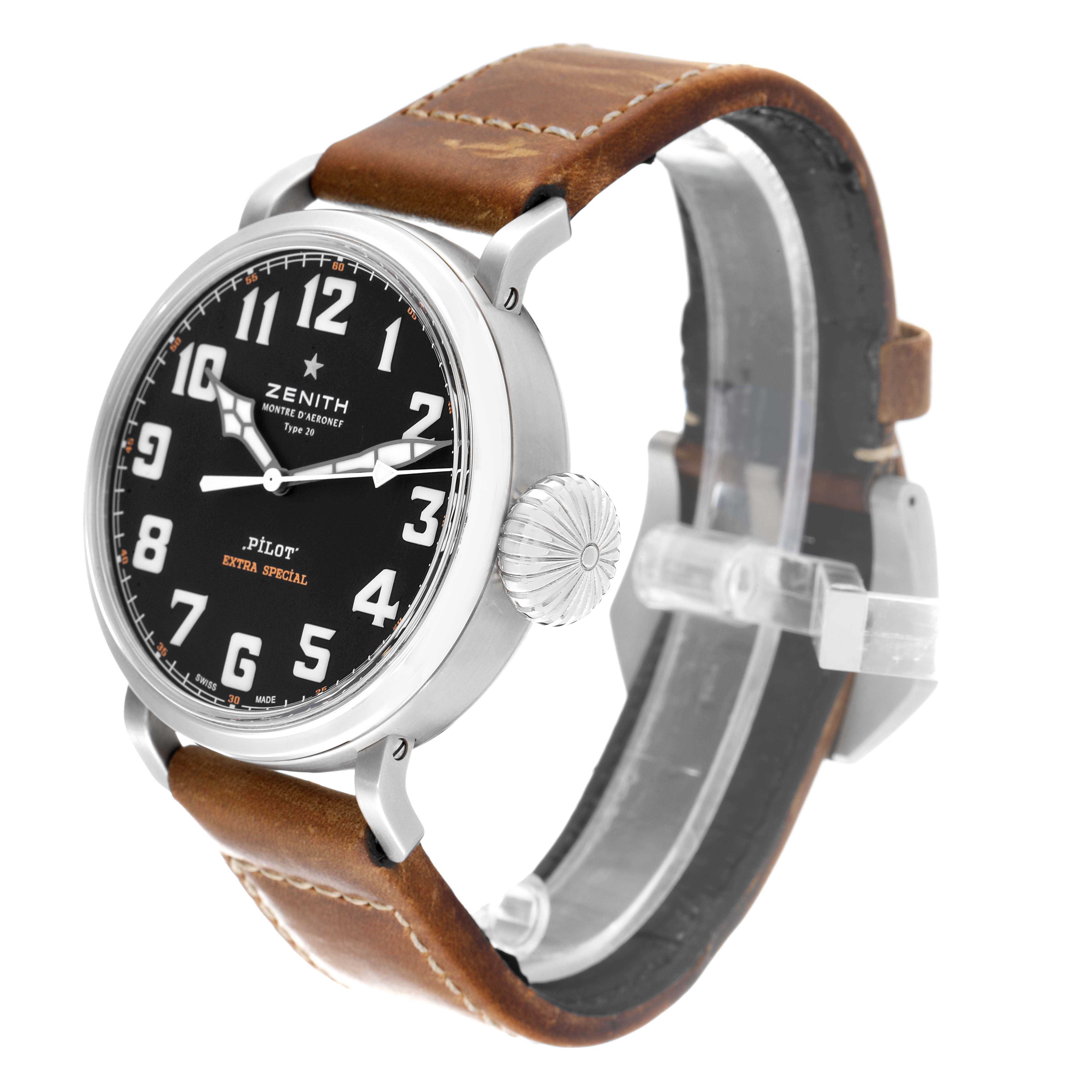 The image shows a Zenith Pilot 03.2430.3000/21C738 Men's Stainless Steel Black Dial 03.2430.3000/21C738 Men's Stainless Steel Black Dial model watch at an angle displaying the face, crown, and leather strap.