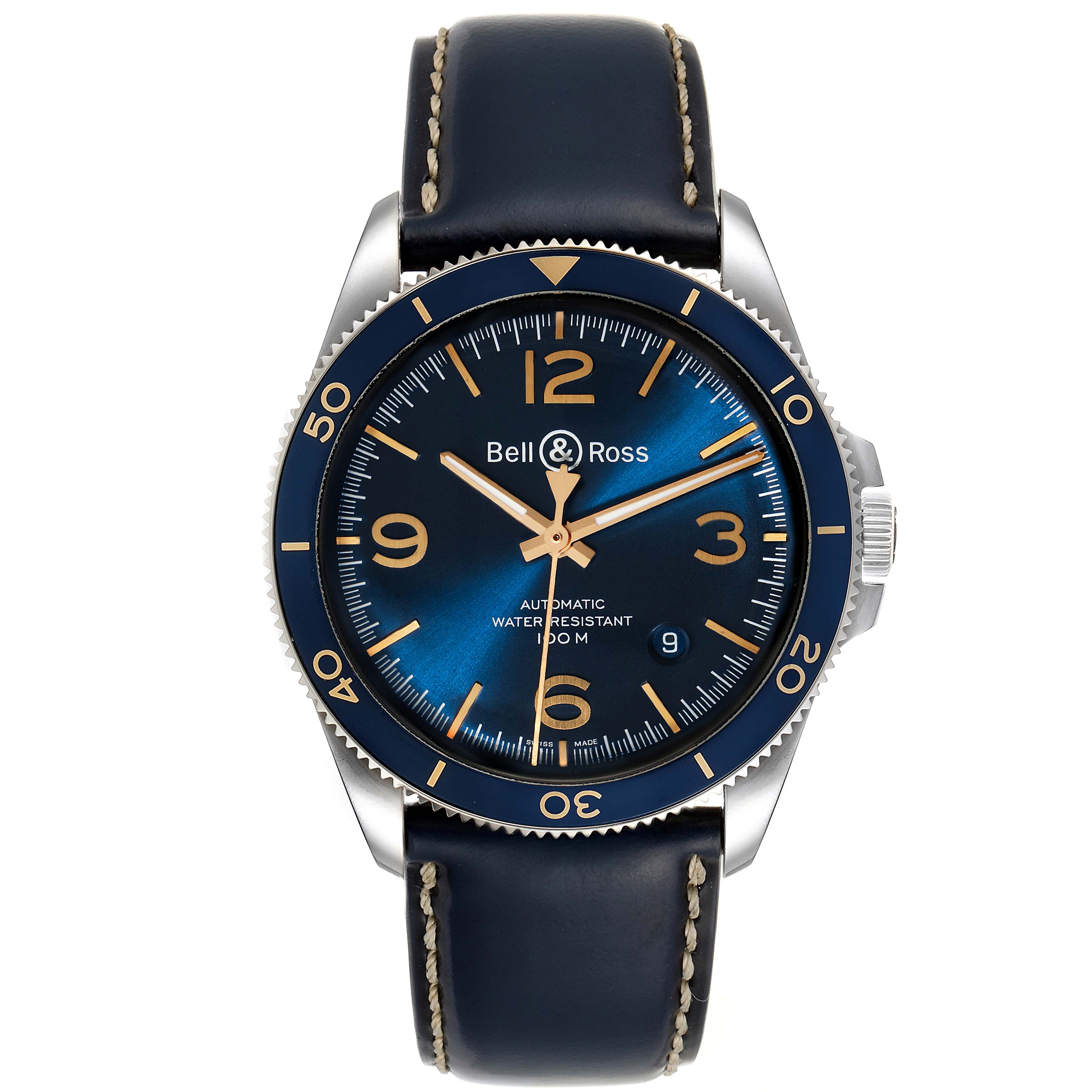 The image shows a front view of a Bell & Ross Heritage BRV292-BU-G-ST/SCA Men's Stainless Steel Blue Dial BRV292-BU-G-ST/SCA Men's Stainless Steel Blue Dial model watch with a blue dial, leather strap, and silver bezel.
