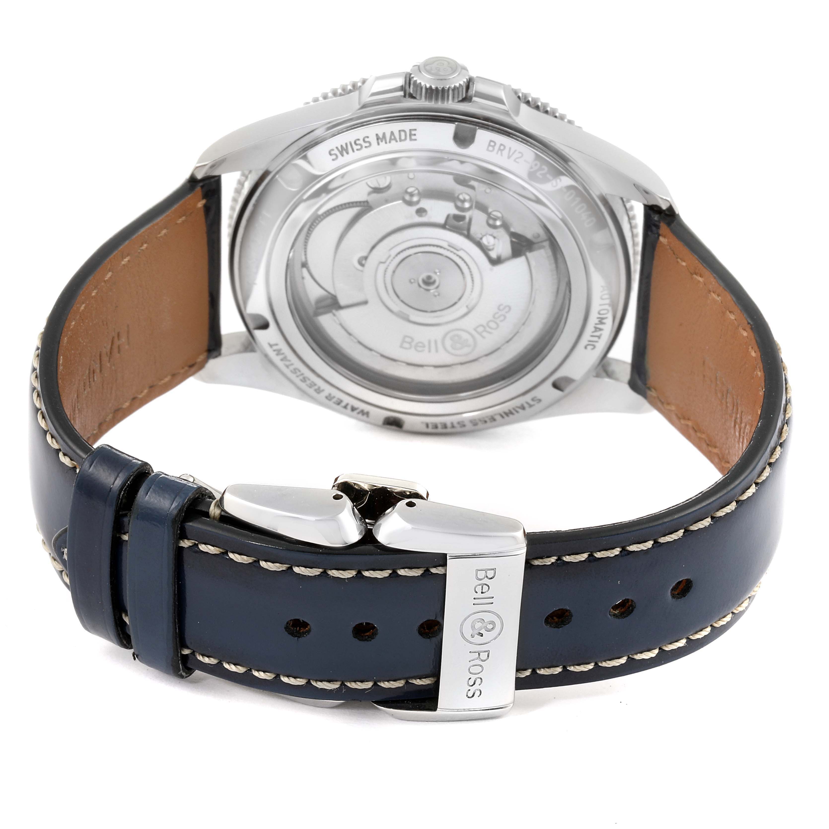 This image shows the back view of the Bell & Ross Heritage BRV292-BU-G-ST/SCA Men's Stainless Steel Blue Dial BRV292-BU-G-ST/SCA Men's Stainless Steel Blue Dial model, highlighting the transparent case back and leather strap.