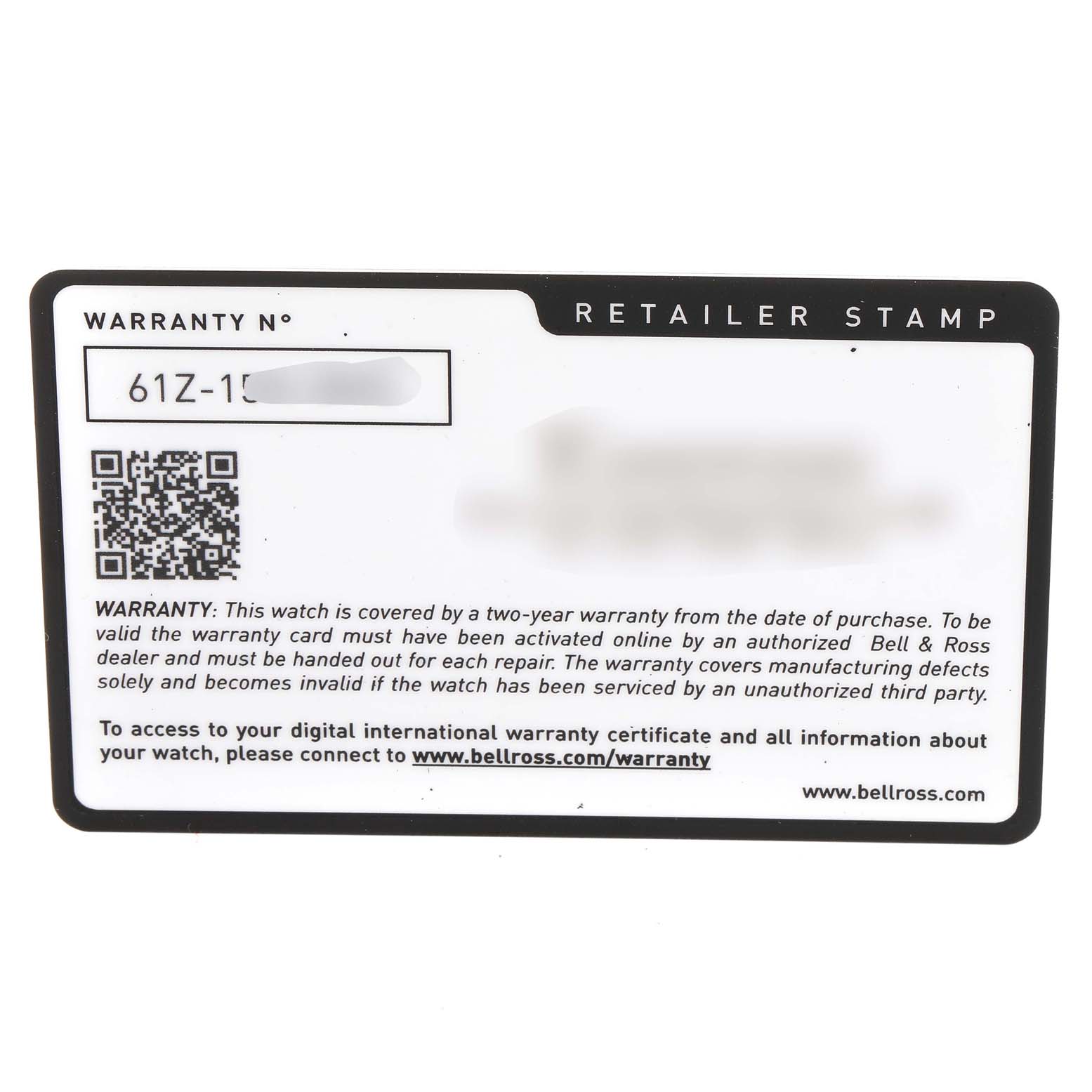 The image shows the warranty card for the Heritage model by Bell & Ross, with warranty information and a QR code.