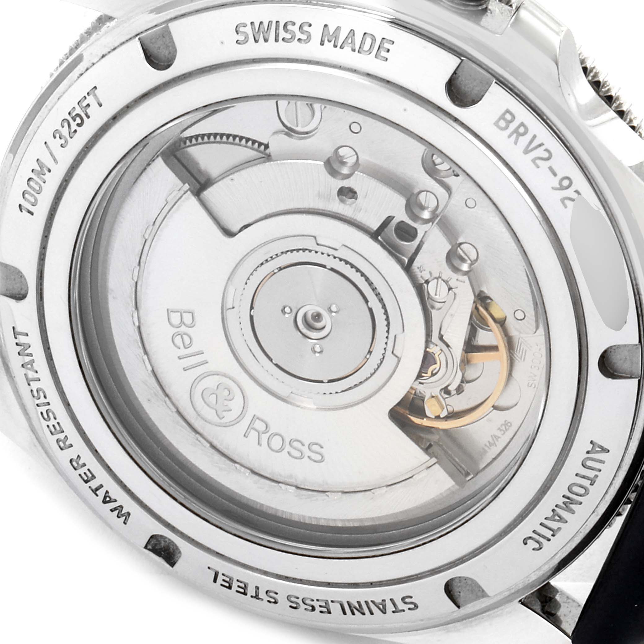 The image shows the case back of the Bell & Ross Heritage BRV292-BU-G-ST/SCA Men's Stainless Steel Blue Dial BRV292-BU-G-ST/SCA Men's Stainless Steel Blue Dial model watch, detailing its automatic movement and water resistance.