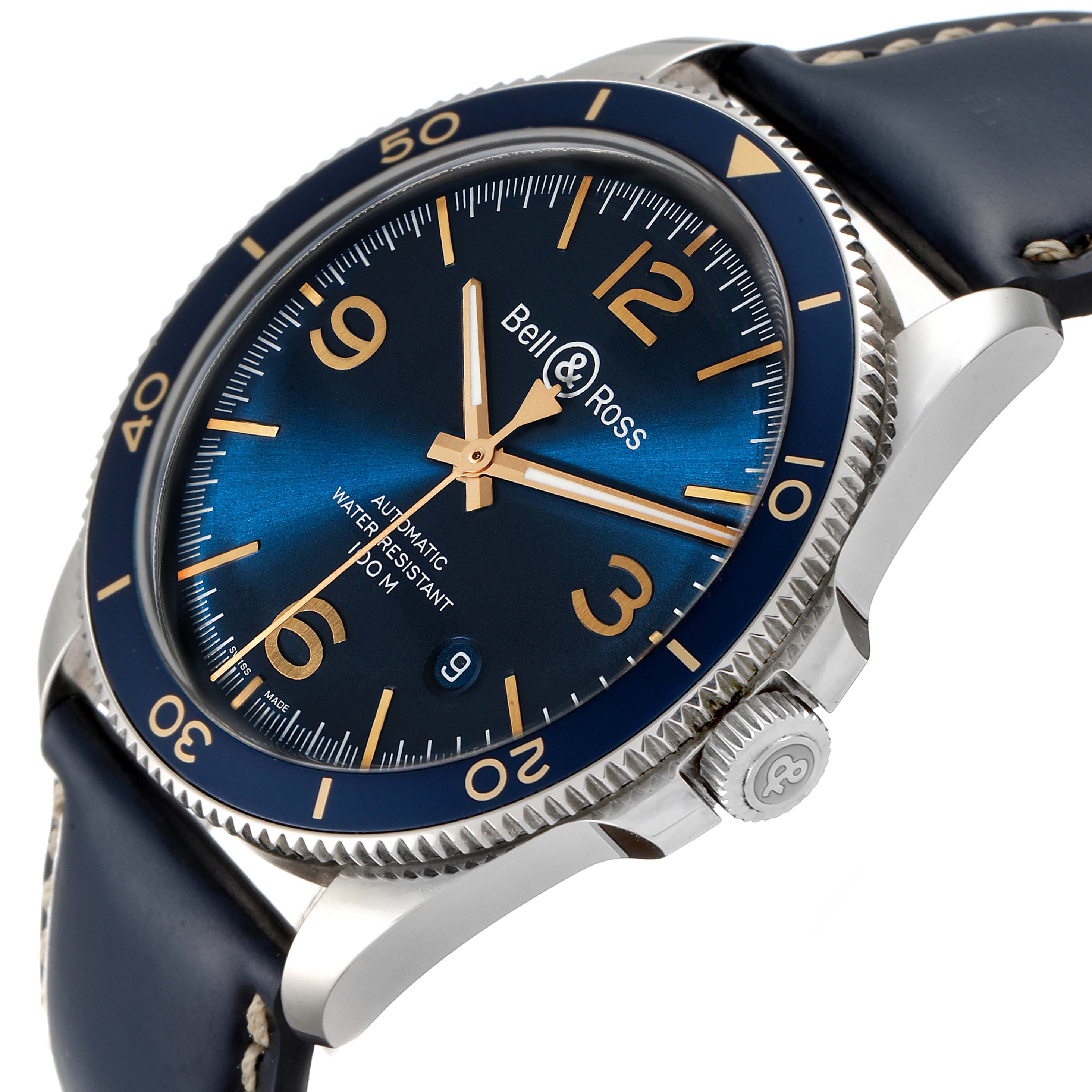 The image shows a Heritage model watch by Bell & Ross from an angled side view, highlighting the dial, bezel, crown, and strap.