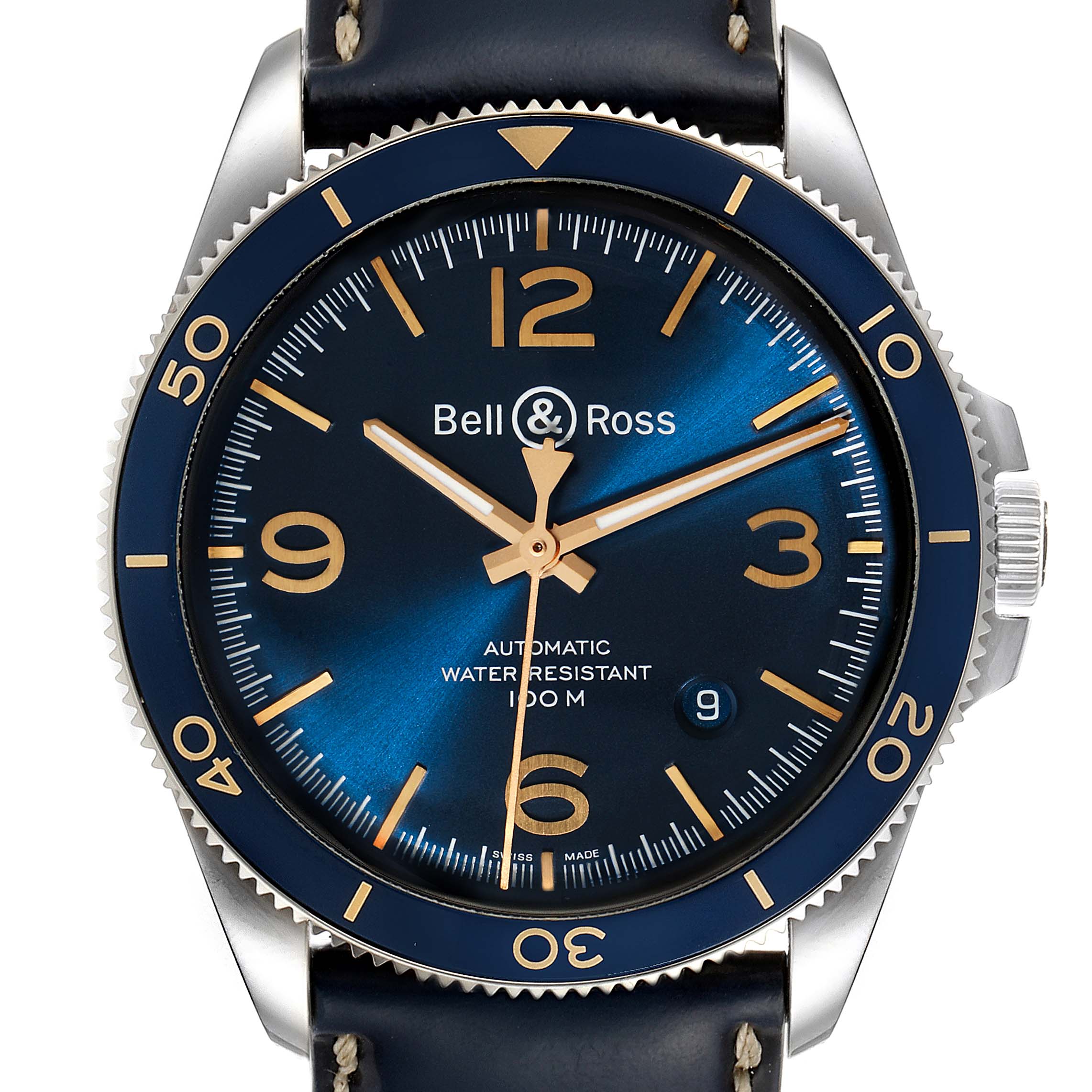 The Bell & Ross Heritage BRV292-BU-G-ST/SCA Men's Stainless Steel Blue Dial BRV292-BU-G-ST/SCA Men's Stainless Steel Blue Dial model watch is shown from the front, displaying the dial, hands, bezel, and part of the strap.