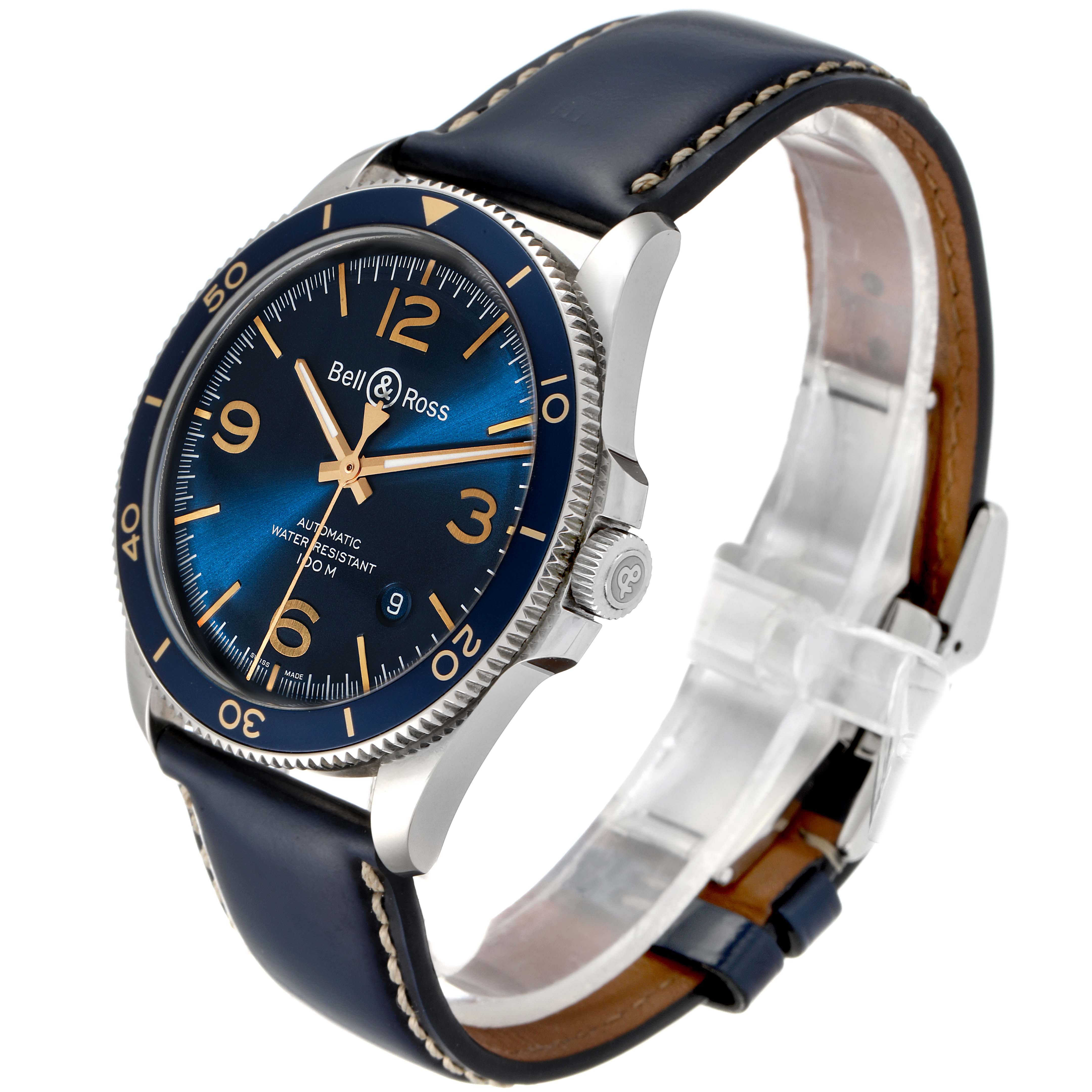 The image shows a Bell & Ross Heritage BRV292-BU-G-ST/SCA Men's Stainless Steel Blue Dial BRV292-BU-G-ST/SCA Men's Stainless Steel Blue Dial model watch at a three-quarter angle, highlighting the face, bezel, crown, and leather strap.