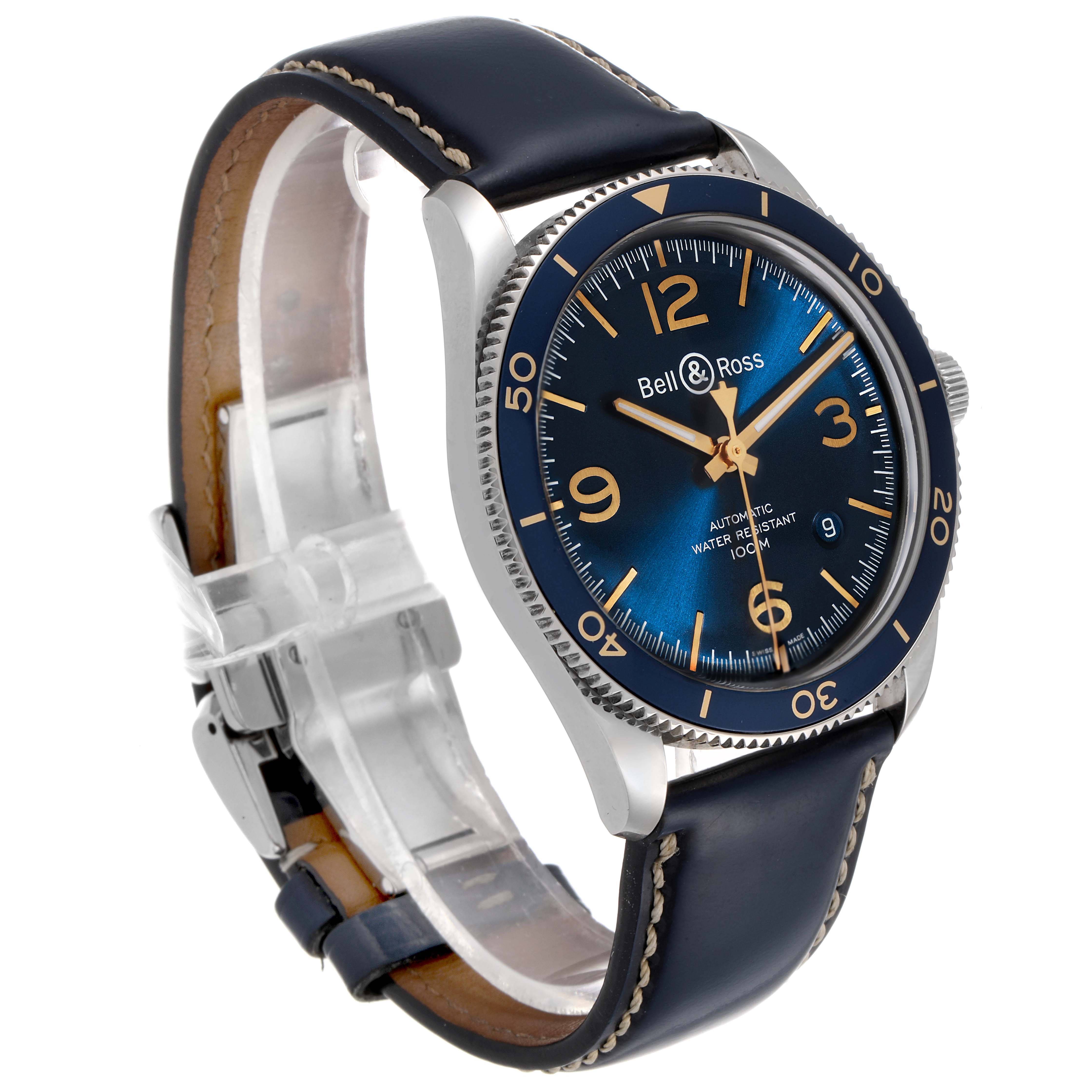 The Bell & Ross Heritage BRV292-BU-G-ST/SCA Men's Stainless Steel Blue Dial BRV292-BU-G-ST/SCA Men's Stainless Steel Blue Dial model watch is shown at an angled side view, displaying its dial, bezel, case, and leather strap.