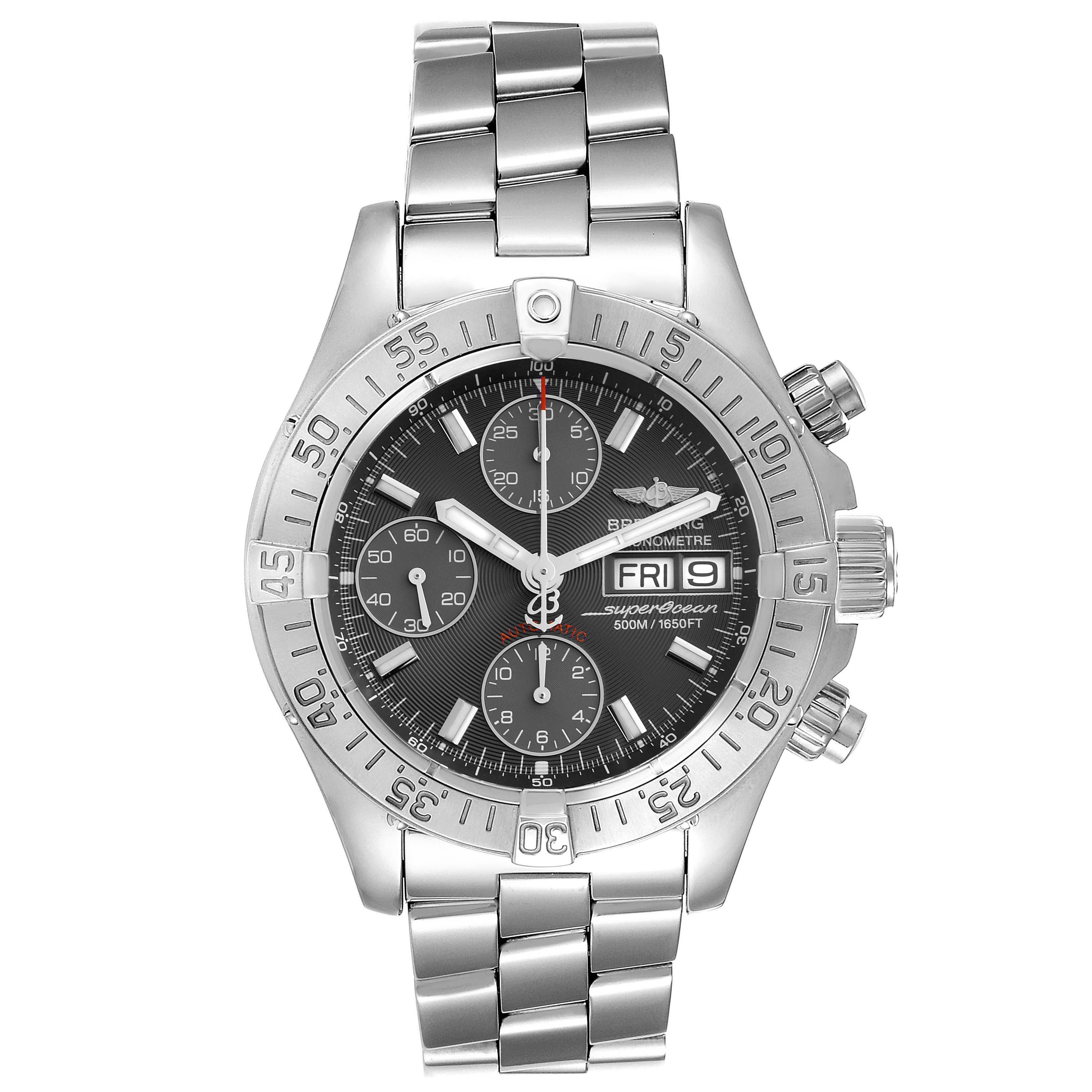 The Breitling Superocean A13340 Men's Stainless Steel Grey Dial A13340 Men's Stainless Steel Grey Dial watch is shown from the front, highlighting the bezel, bracelet, and chronograph dials.