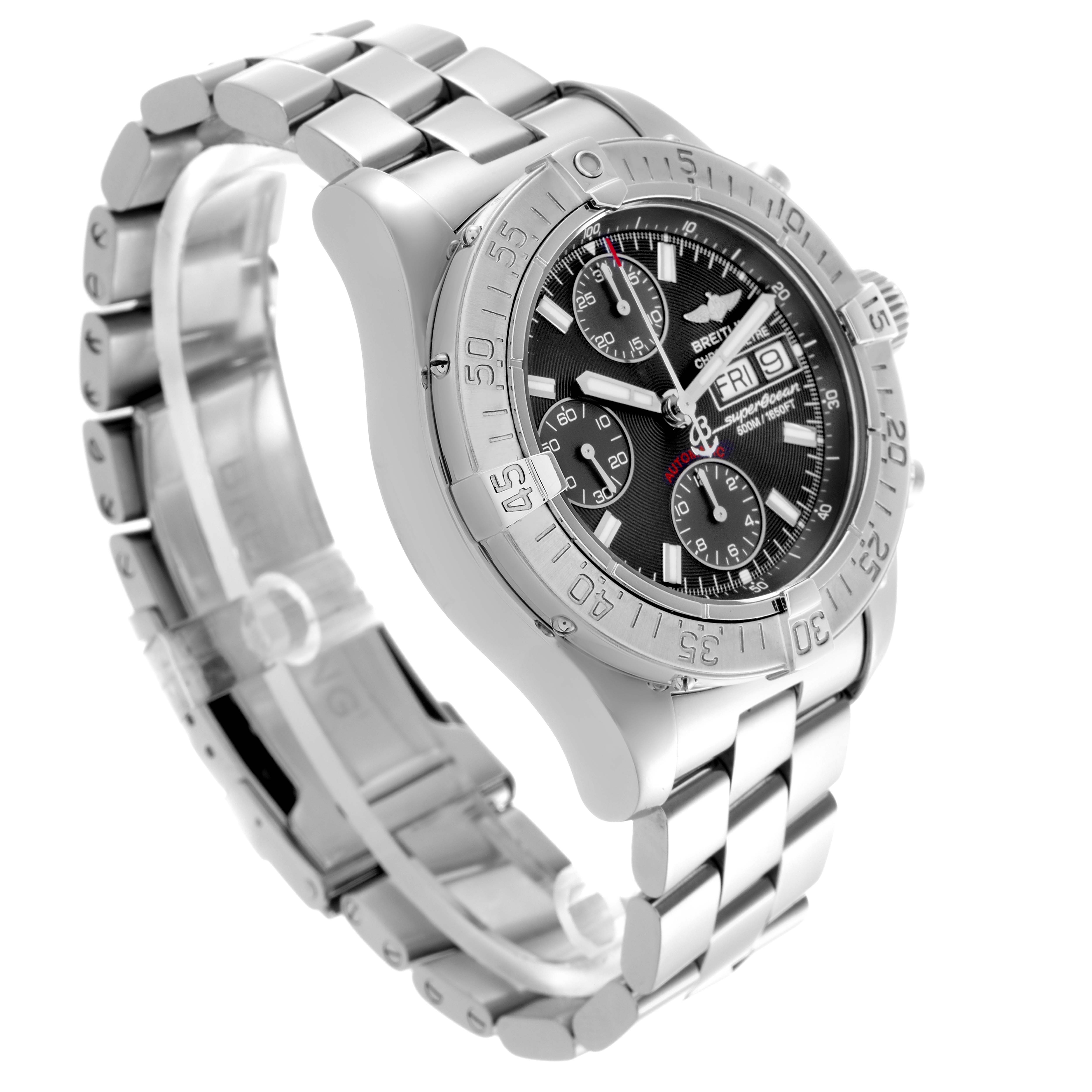The Breitling Superocean A13340 Men's Stainless Steel Grey Dial A13340 Men's Stainless Steel Grey Dial watch is shown at an angle displaying the stainless steel band, bezel, and dial with subdials clearly visible.