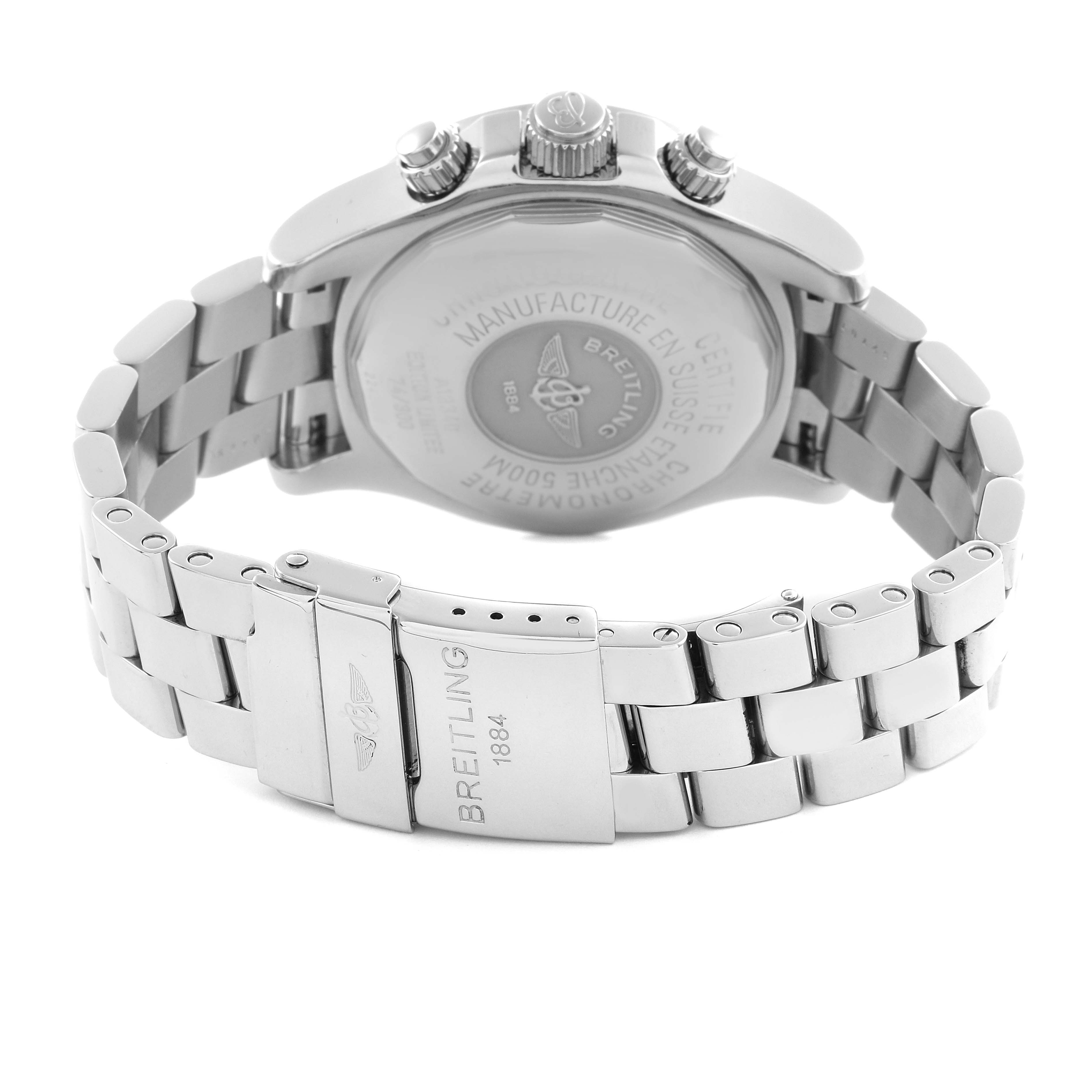 The Breitling Superocean A13340 Men's Stainless Steel Grey Dial A13340 Men's Stainless Steel Grey Dial watch is shown from the back, displaying the case back, crown, pushers, and metal bracelet clasp.