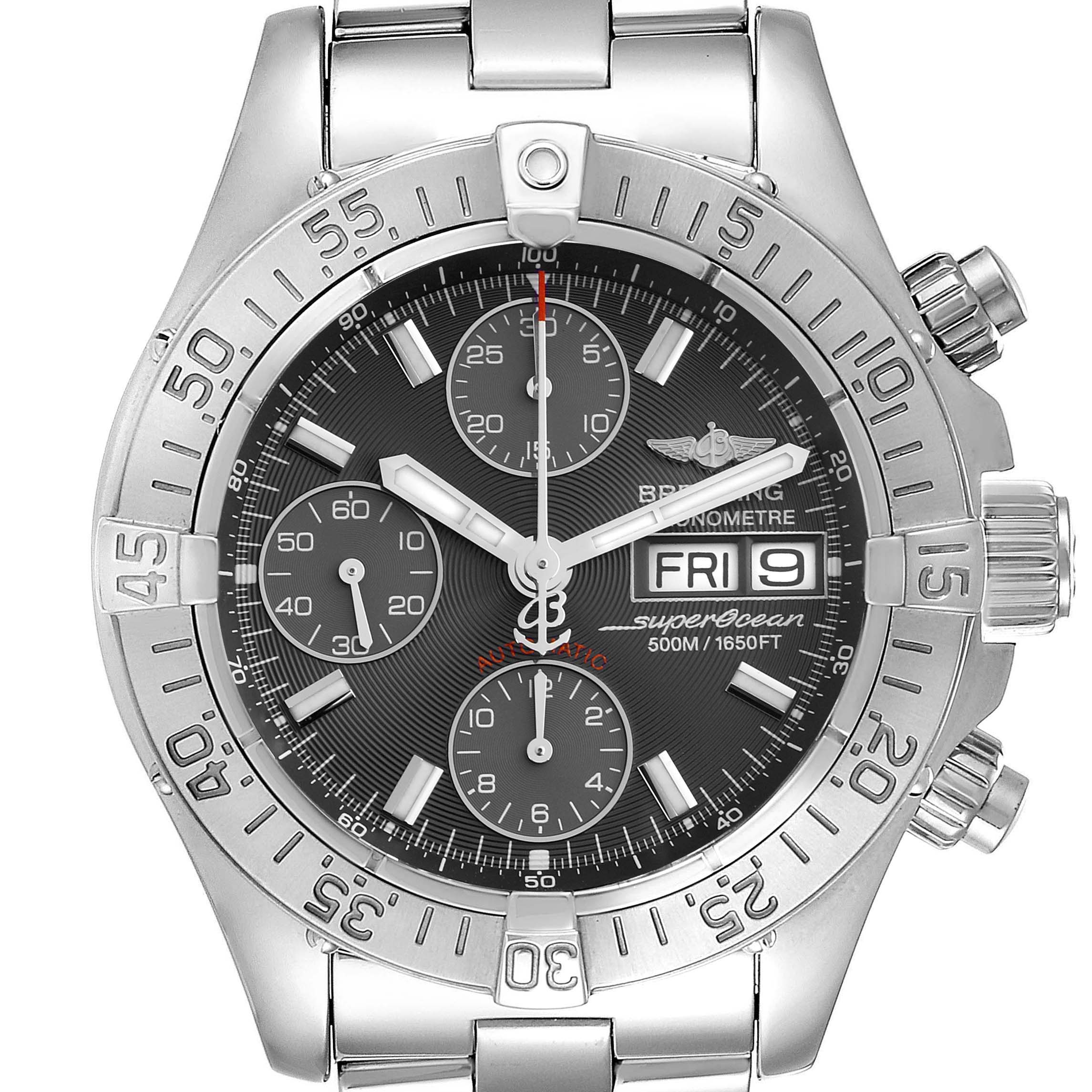 The Breitling Superocean A13340 Men's Stainless Steel Grey Dial A13340 Men's Stainless Steel Grey Dial watch is shown from the front, displaying its face, bezel, dials, and part of its metal bracelet.