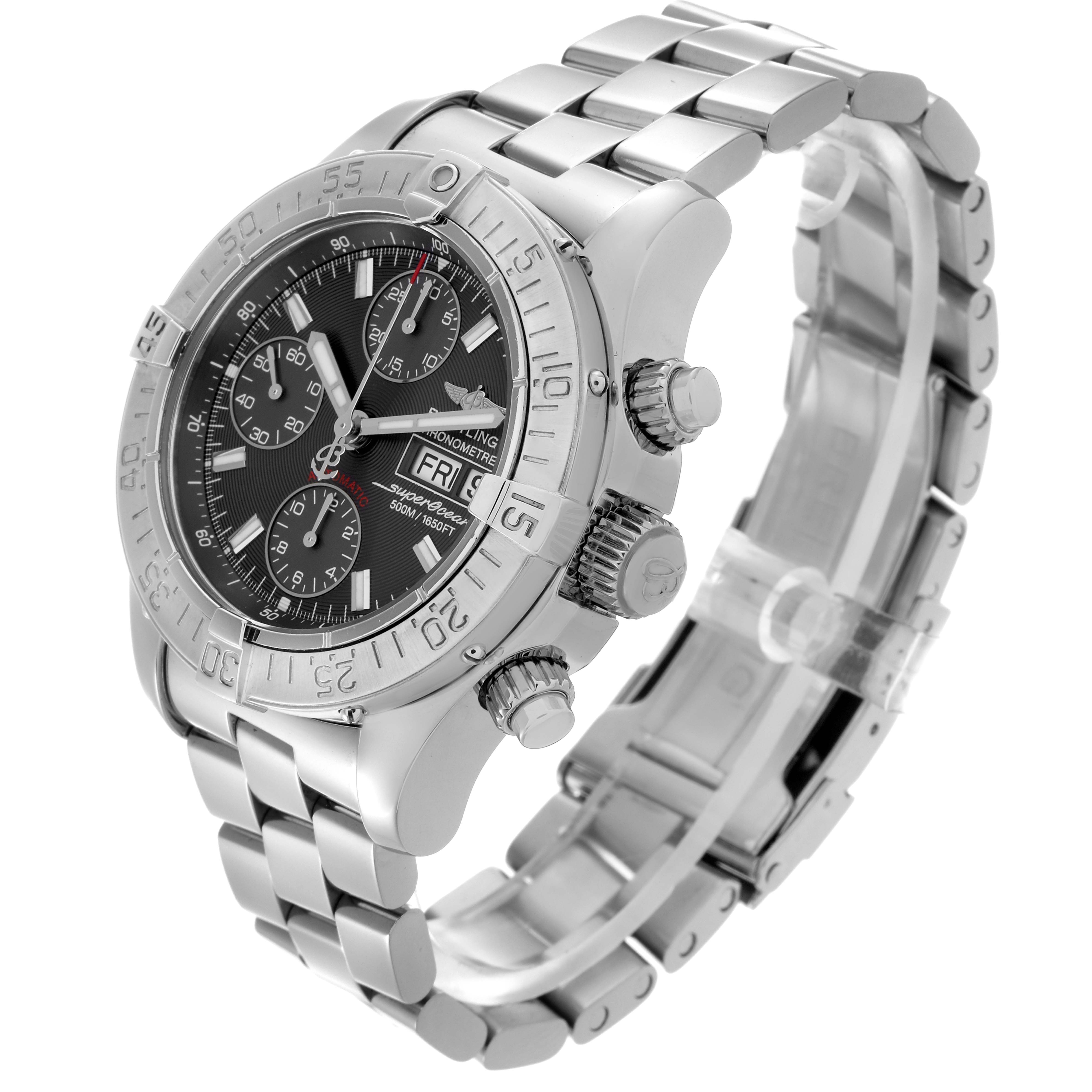 The Breitling Superocean A13340 Men's Stainless Steel Grey Dial A13340 Men's Stainless Steel Grey Dial watch is shown from a three-quarter angle, displaying the dial, bezel, crown, pushers, and bracelet.