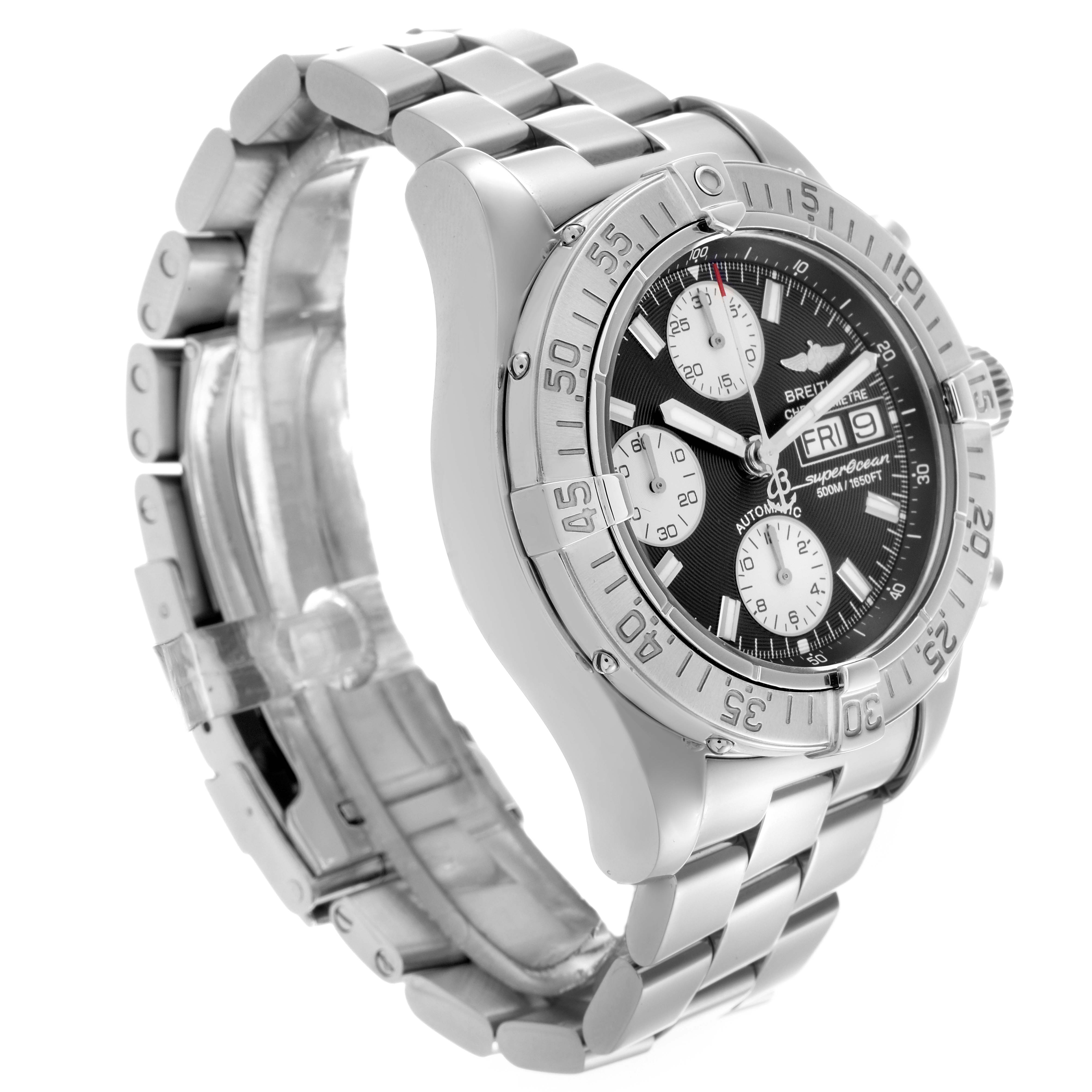 The Breitling Superocean A13340 Men's Stainless Steel Grey Dial A13340 Men's Stainless Steel Grey Dial watch is shown at an angle highlighting the bezel, dial, and stainless steel bracelet.