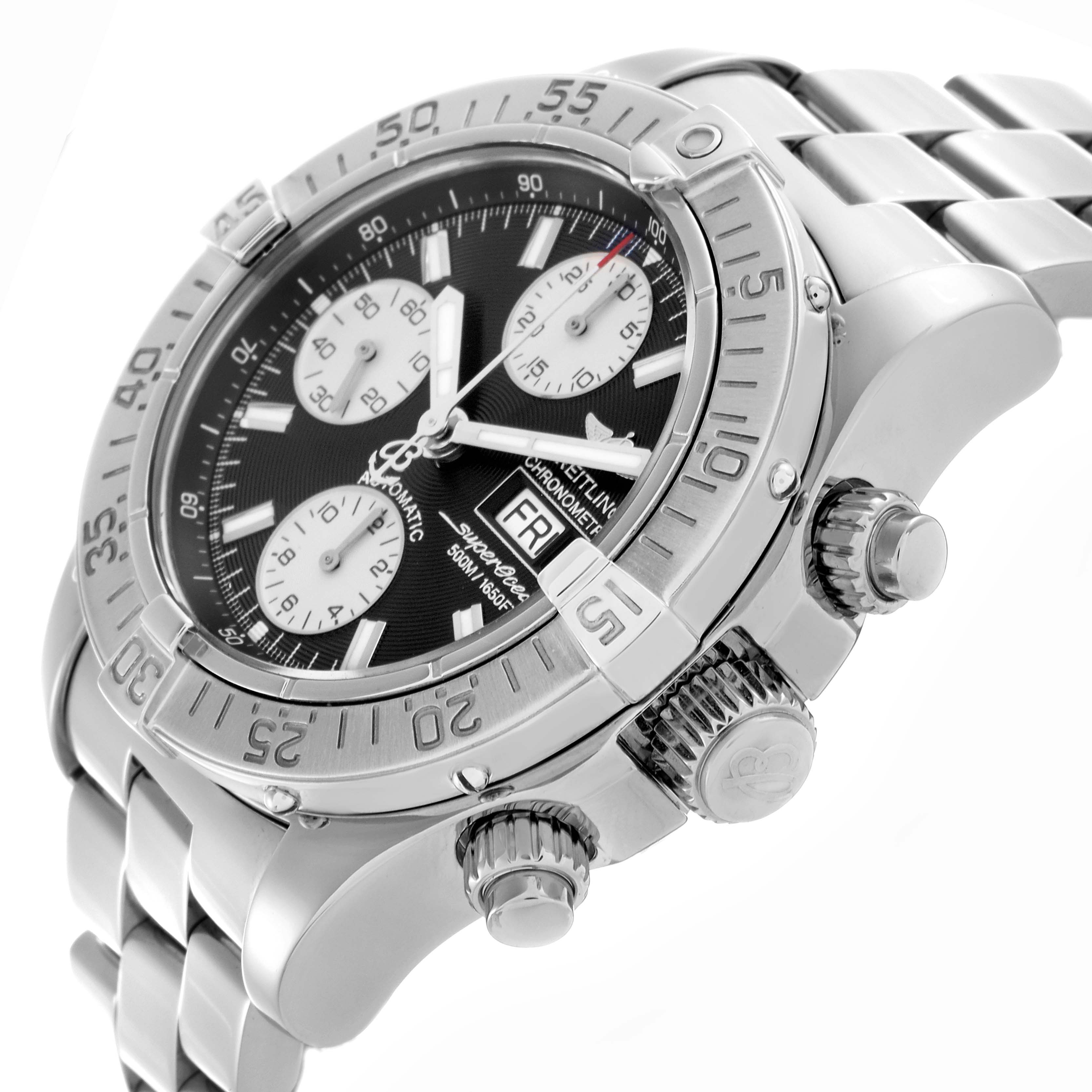 The Breitling Superocean A13340 Men's Stainless Steel Grey Dial A13340 Men's Stainless Steel Grey Dial watch is shown at an angle highlighting the bezel, dial, chronograph subdials, crown, and part of the bracelet.