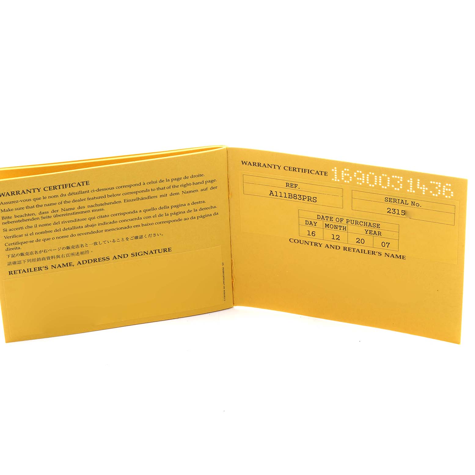 The image shows a Breitling Superocean A13340 Men's Stainless Steel Grey Dial A13340 Men's Stainless Steel Grey Dial warranty certificate with reference and serial numbers.