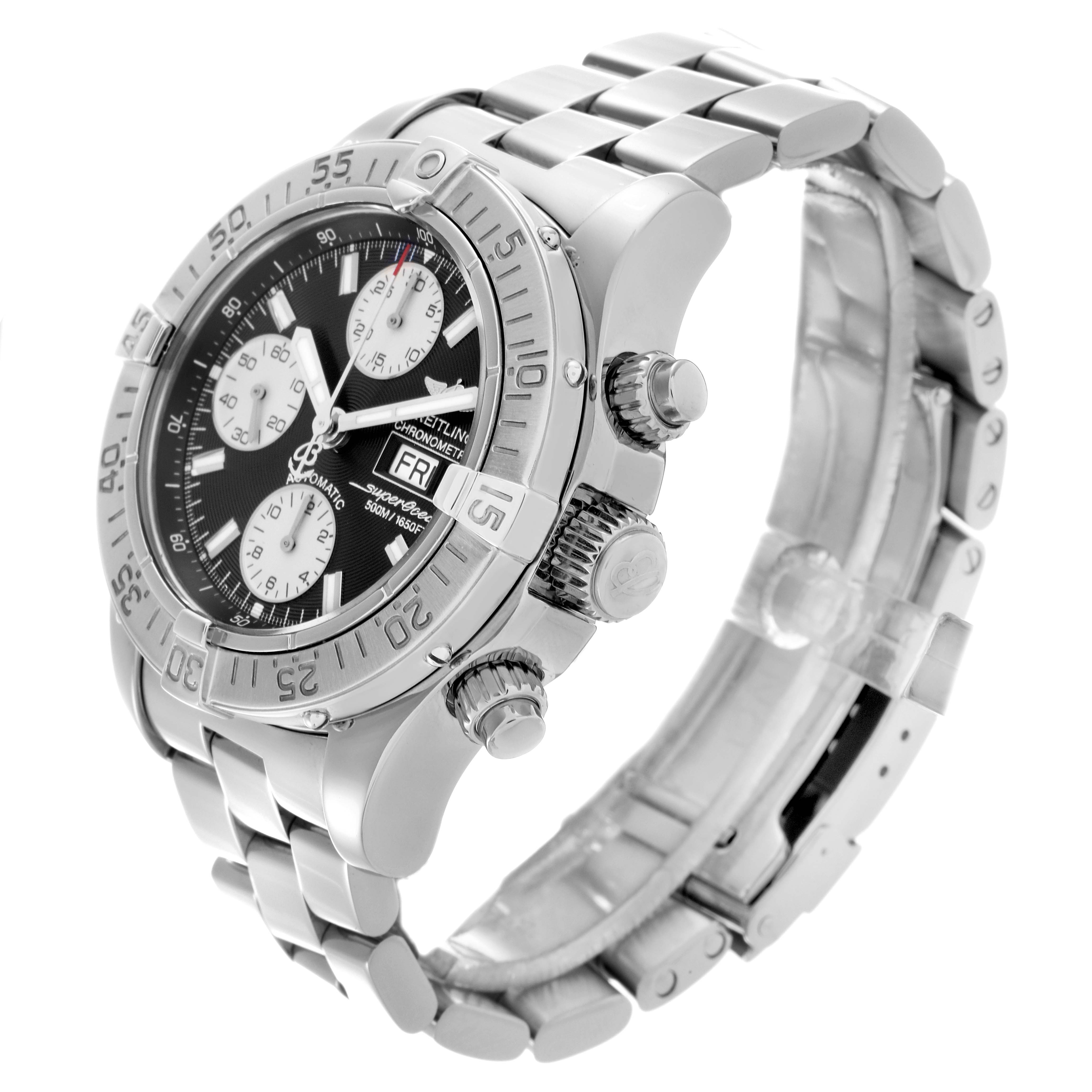 The Breitling Superocean A13340 Men's Stainless Steel Grey Dial A13340 Men's Stainless Steel Grey Dial watch is shown at an angle highlighting the dial, bezel, crown, pushers, and band.