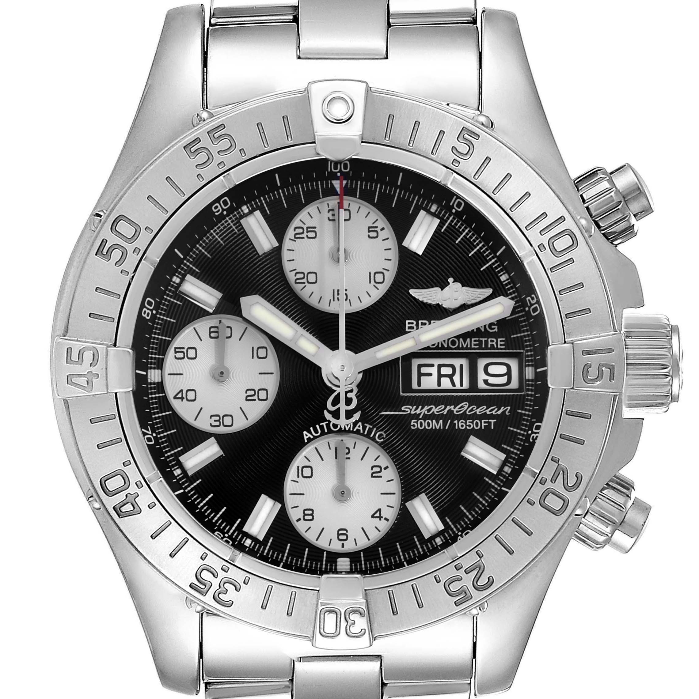 The Breitling Superocean A13340 Men's Stainless Steel Grey Dial A13340 Men's Stainless Steel Grey Dial watch is shown from a front angle, displaying its bezel, dial, crown, and subdials.