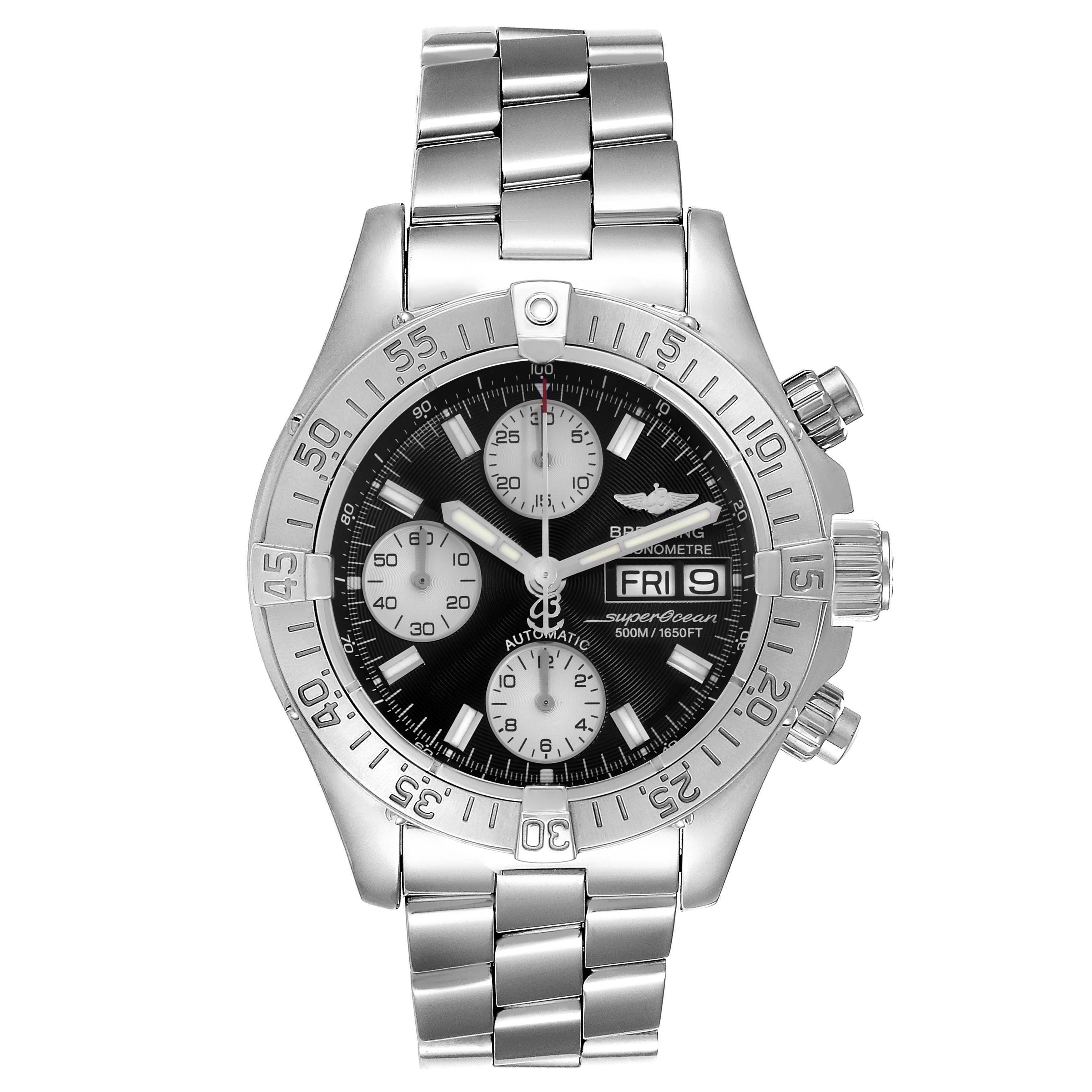 The Breitling Superocean A13340 Men's Stainless Steel Grey Dial A13340 Men's Stainless Steel Grey Dial watch is shown from a front angle, displaying its bezel, dial, subdials, and bracelet.
