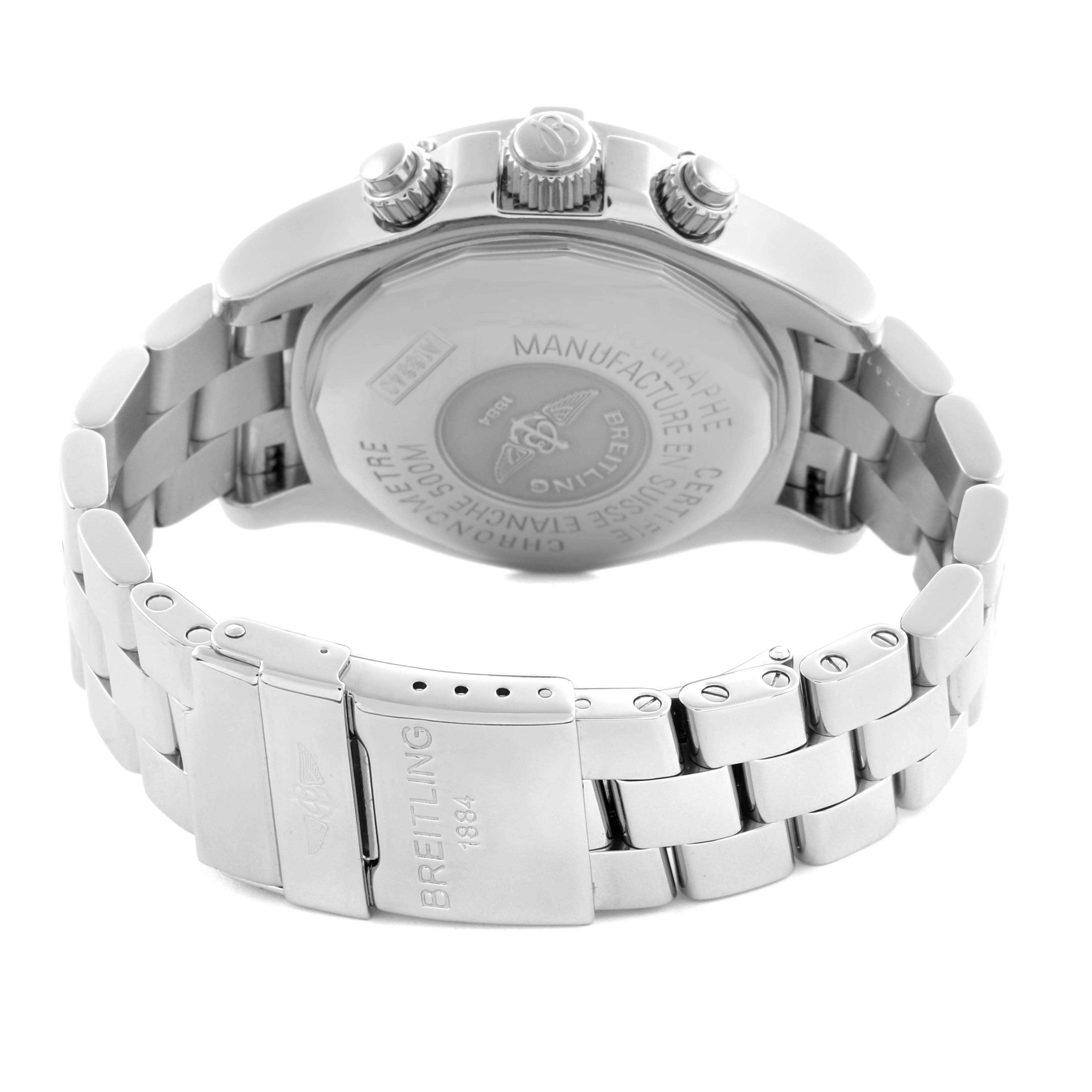 The Breitling Superocean A13340 Men's Stainless Steel Grey Dial A13340 Men's Stainless Steel Grey Dial watch is shown from a rear angle, highlighting the case back, crown, pushers, and metal bracelet clasp.