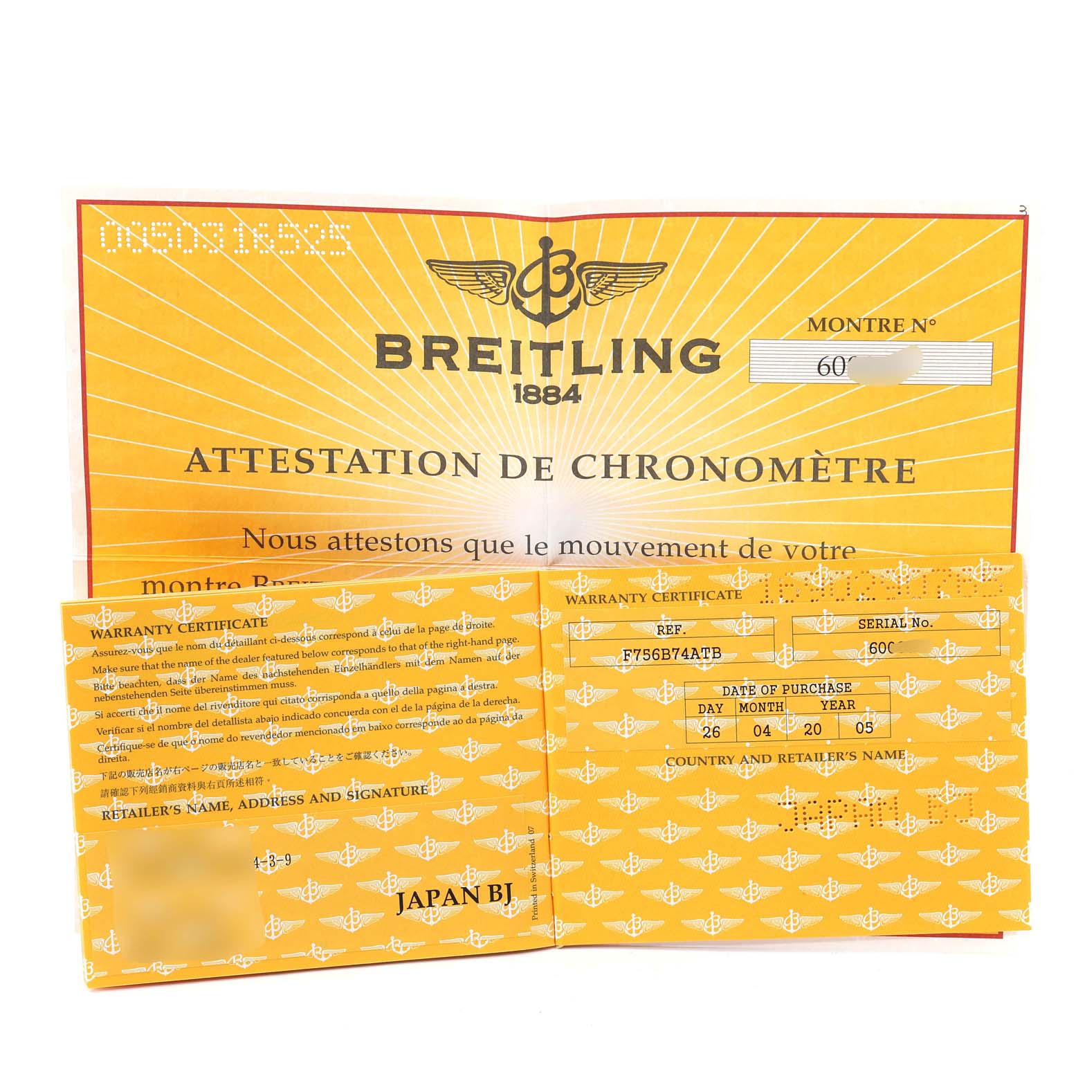 The image shows a warranty certificate and chronometer attestation for a Breitling Professional Series F75362 Men's Titanium Grey Dial F75362 Men's Titanium Grey Dial watch.