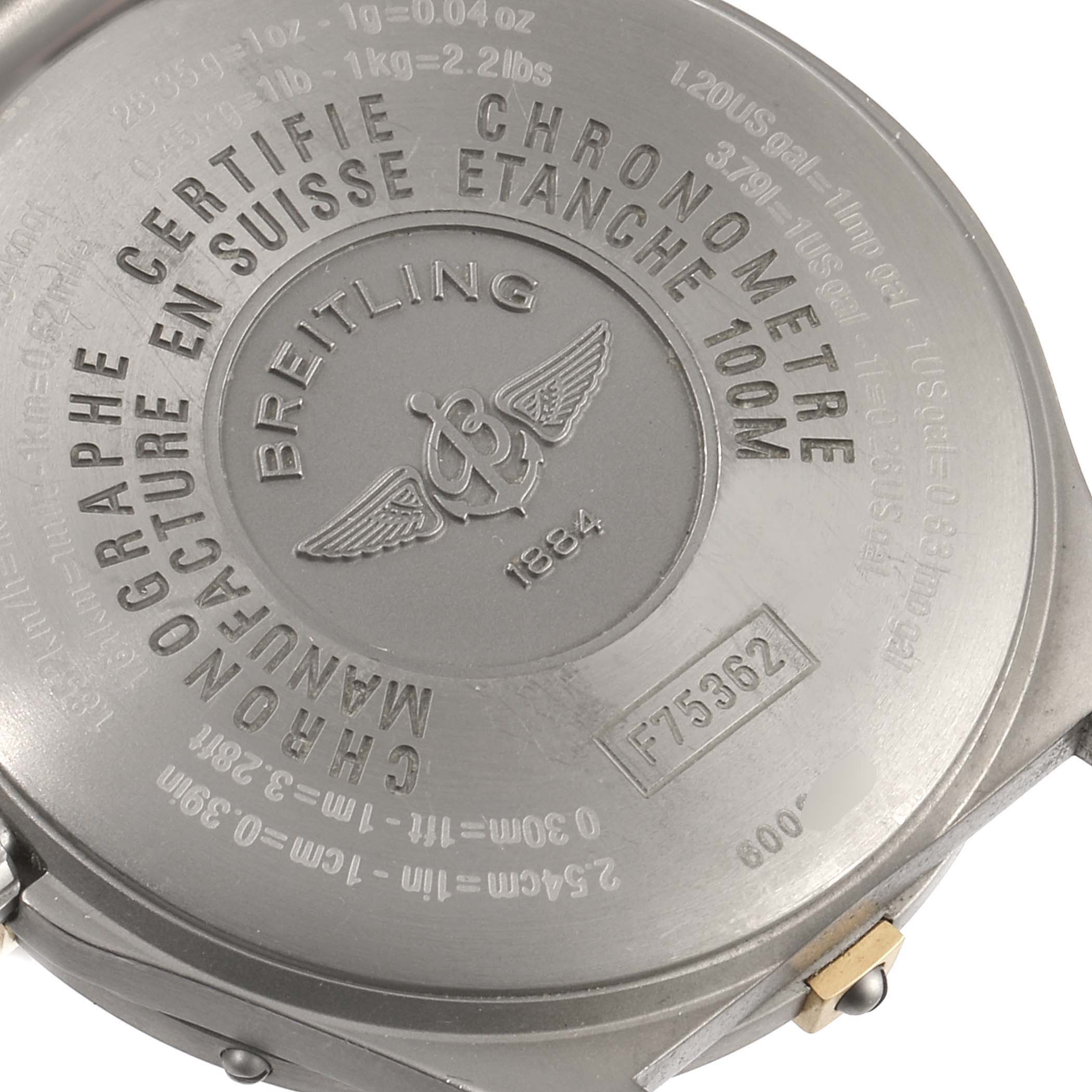 The image shows the back case and engravings of a Breitling Professional Series F75362 Men's Titanium Grey Dial F75362 Men's Titanium Grey Dial watch, model F75362.