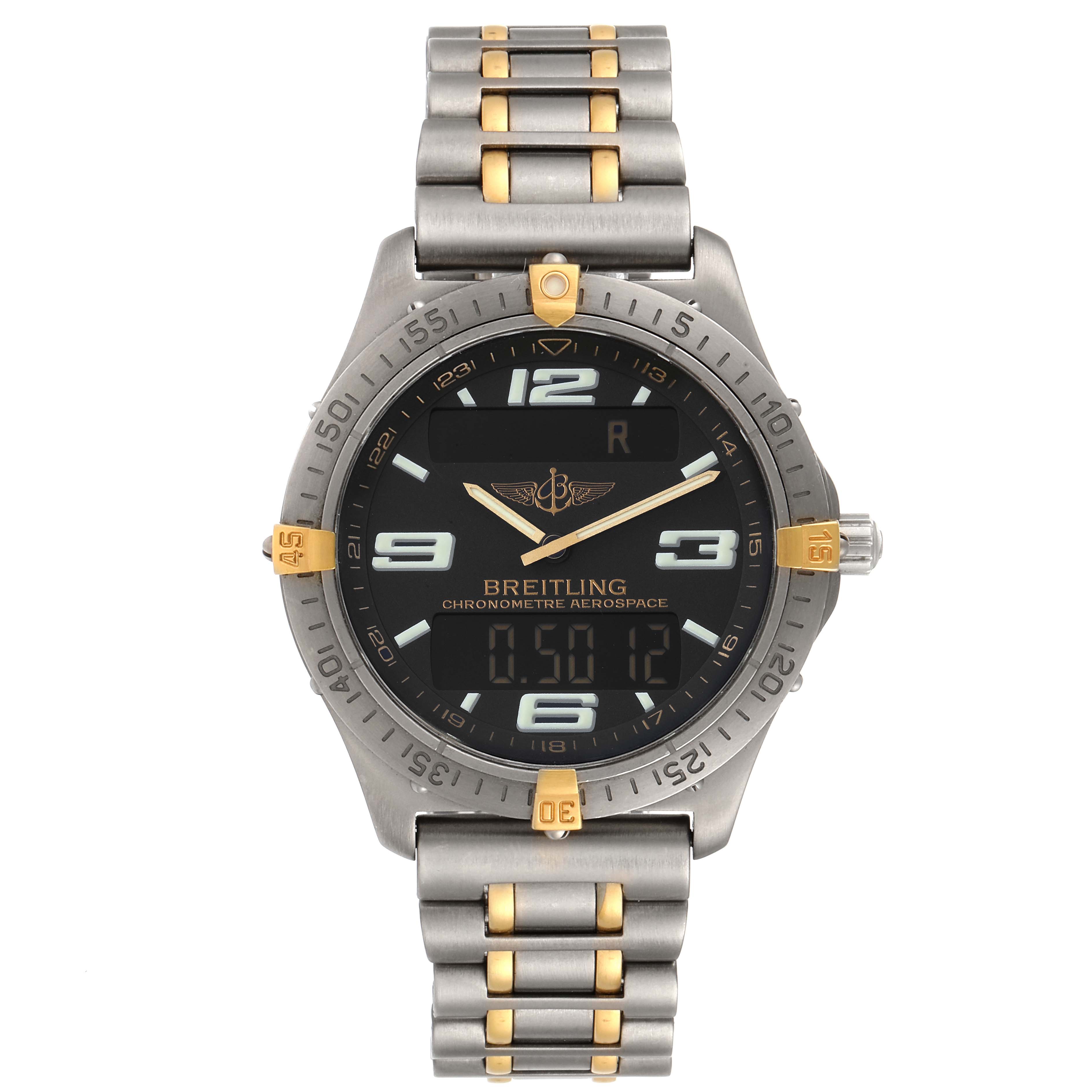 The image shows a front view of the Breitling Professional Series F75362 Men's Titanium Grey Dial F75362 Men's Titanium Grey Dial watch, highlighting its face, bezel, and bracelet.