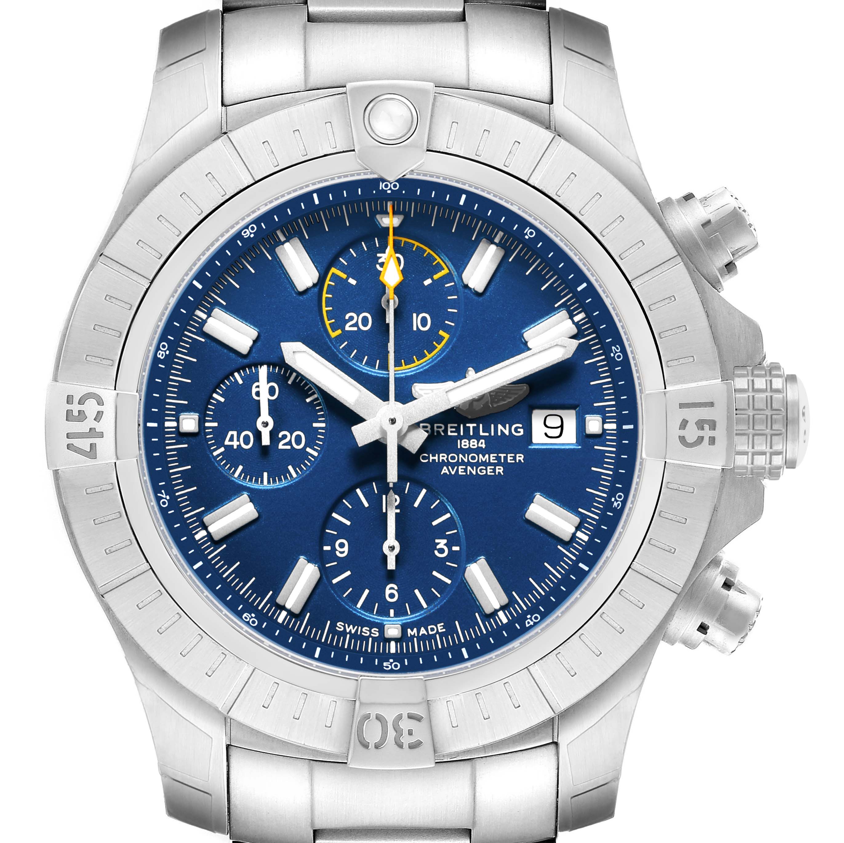 The image shows a close-up of a Breitling Avenger A13317101C1A1 Men's Stainless Steel Blue Dial watch, highlighting the blue dial, three sub-dials, and stainless steel case and bracelet.