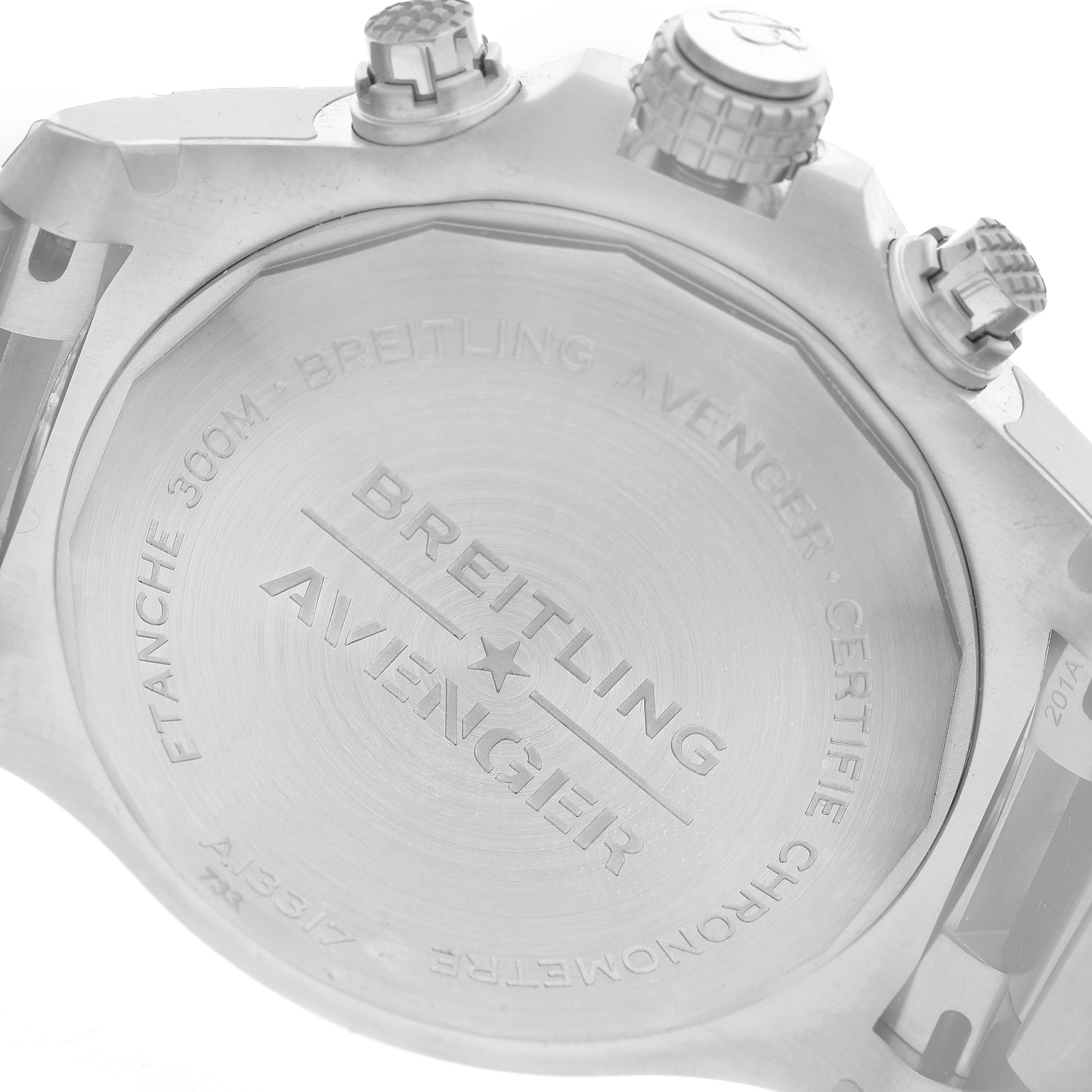 The image shows the back case of the Breitling Avenger A13317101C1A1 Men's Stainless Steel Blue Dial watch, including the engraved branding and control pushers.
