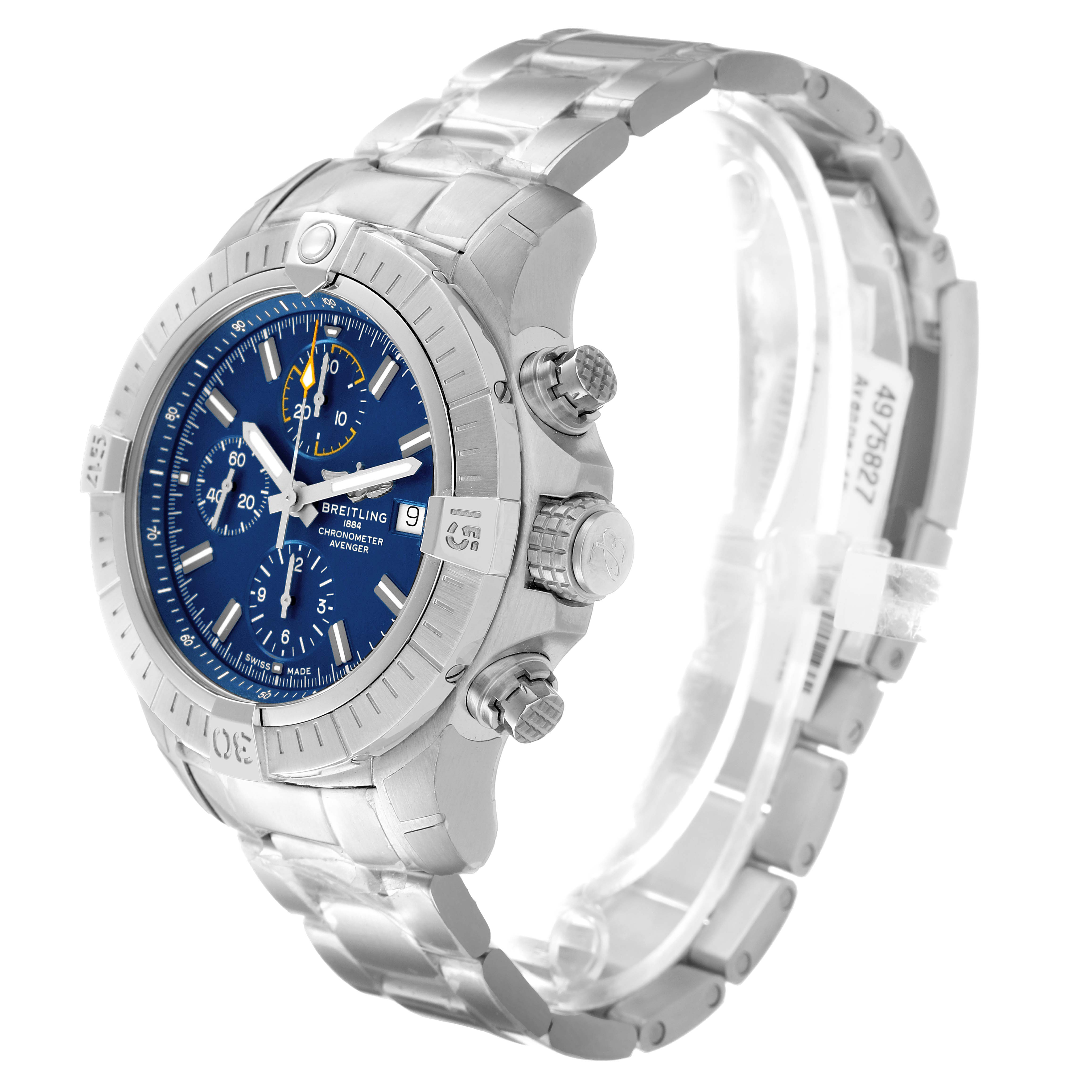 The Breitling Avenger A13317101C1A1 Men's Stainless Steel Blue Dial watch is shown at a three-quarter front angle, highlighting the dial, bezel, and bracelet.