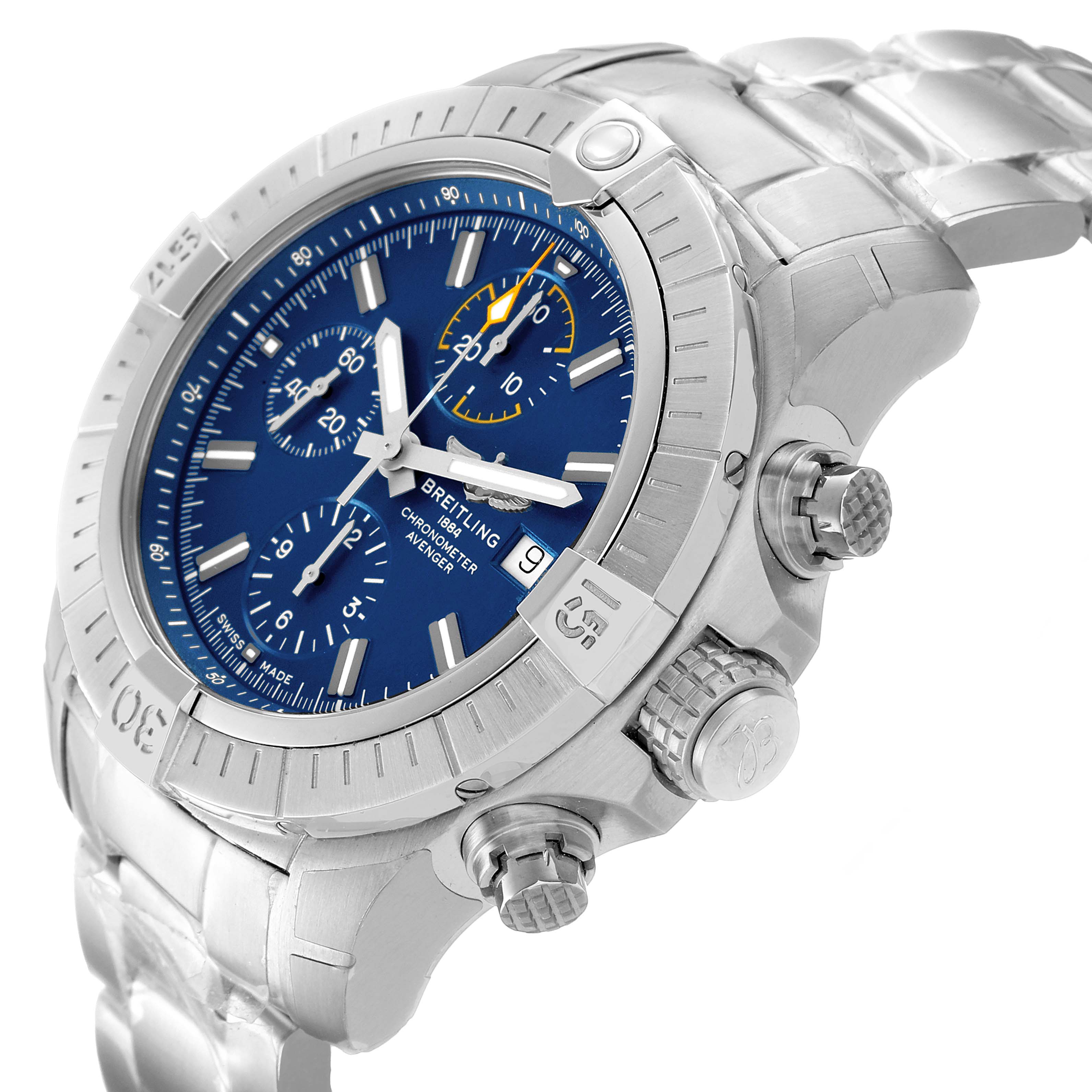 The image shows a side angle of the Breitling Avenger A13317101C1A1 Men's Stainless Steel Blue Dial watch, highlighting the case, crown, pushers, bezel, and bracelet.
