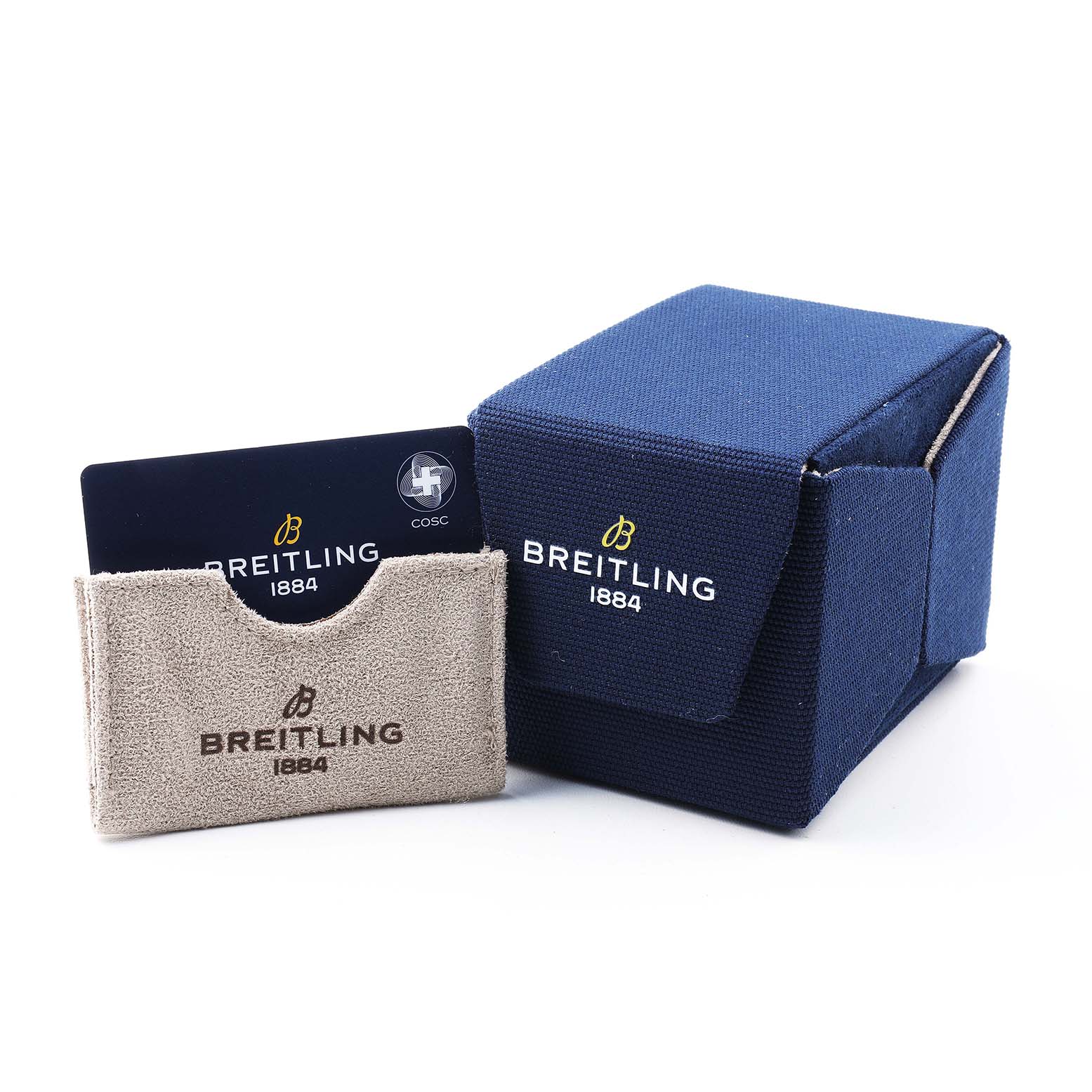 The image shows a box and card holder for a Breitling Avenger A13317101C1A1 Men's Stainless Steel Blue Dial watch, featuring the brand logo.