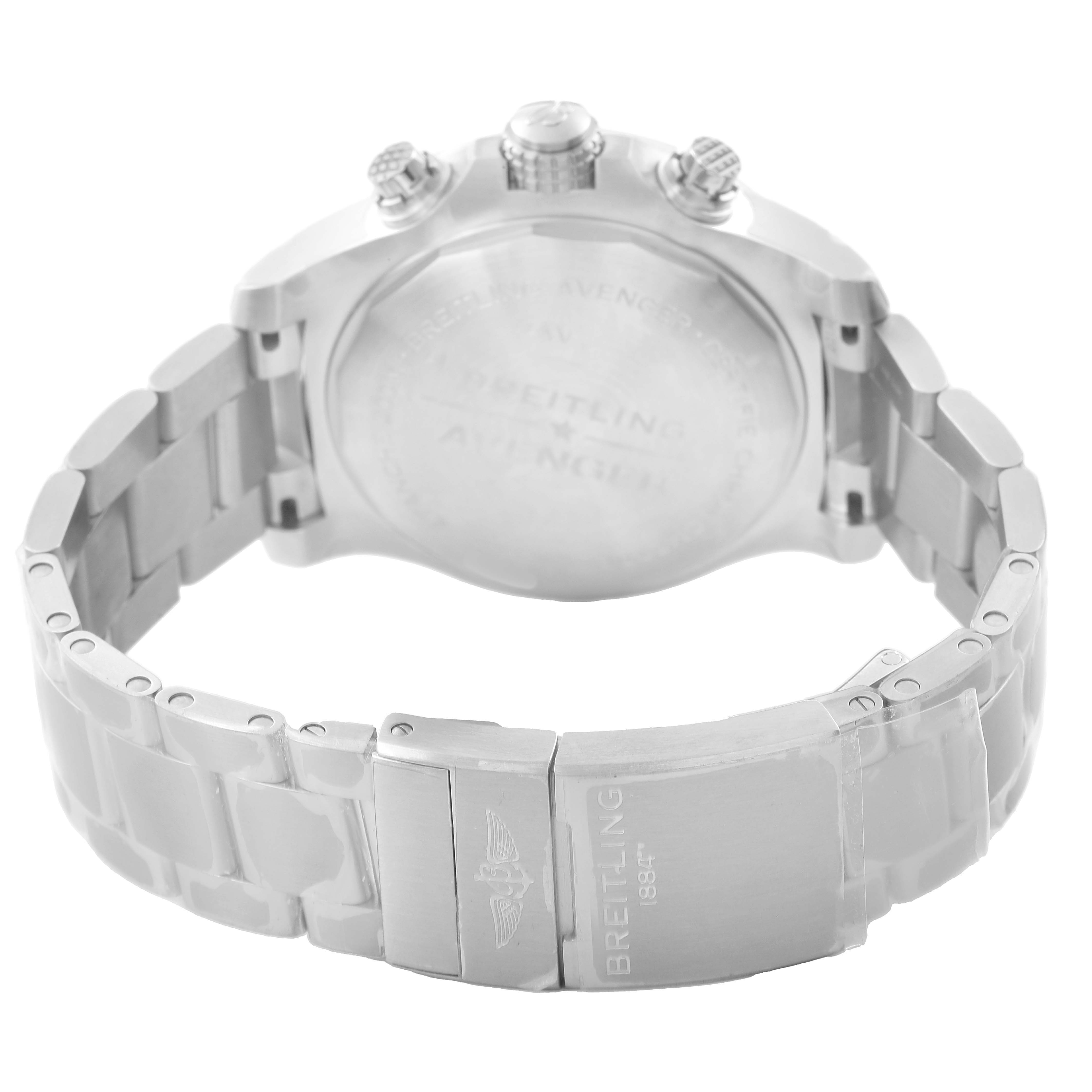 The image shows the back view of a Breitling Avenger A13317101C1A1 Men's Stainless Steel Blue Dial watch, highlighting the case back, bracelet, and clasp.